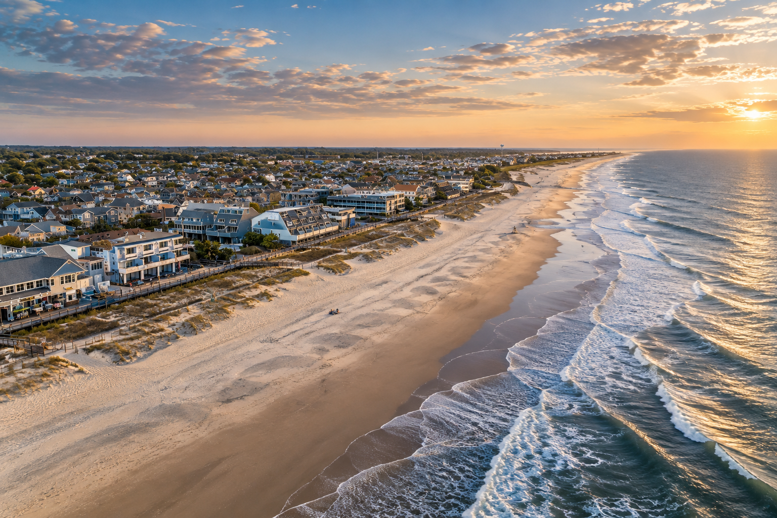 Aerial view of a coastal town at sunset, with a sandy beach, waves, and beachfront houses.