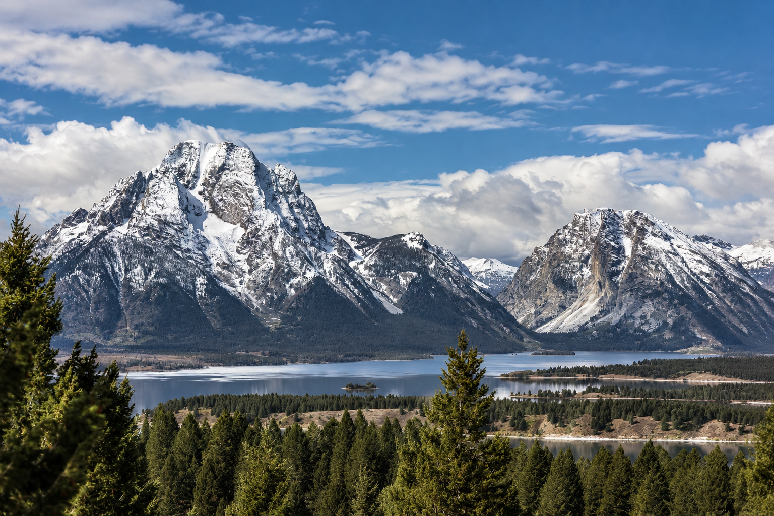 Snow-capped mountains reflecting in a lake with a forested foreground under a blue sky with clouds.