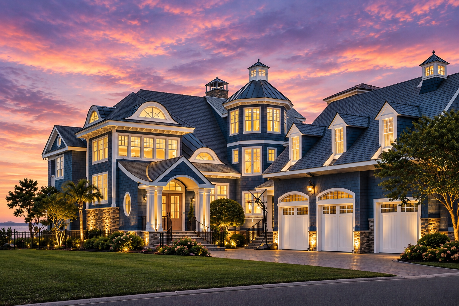A large, elegant Victorian-style house illuminated at sunset, with a manicured lawn and landscaping.