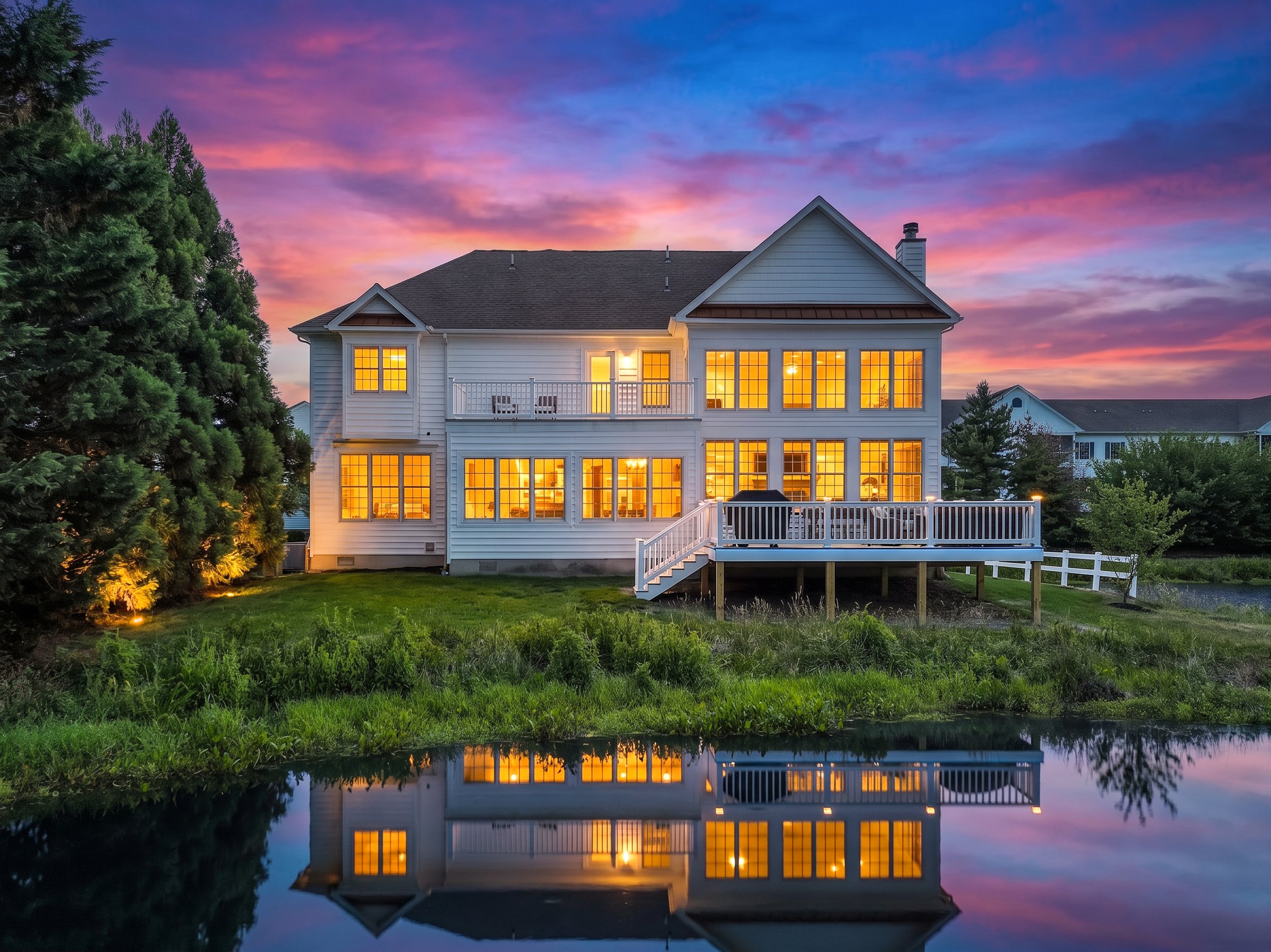 A white multi-story house with large yellow-lit windows at sunset, showing a pink and purple sky reflection in the water in front of the house.