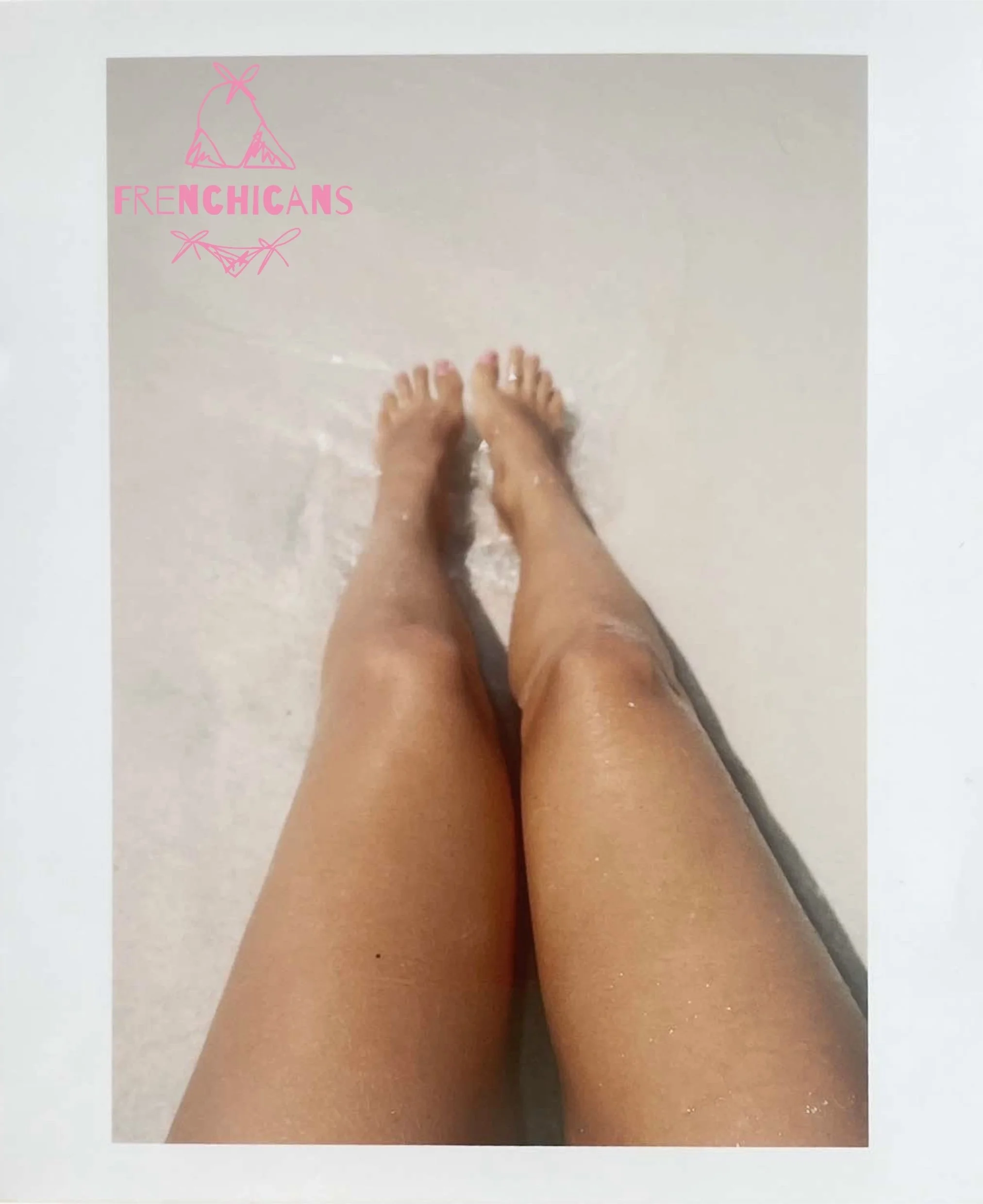 A person's legs and feet standing on a white surface in water, with pink text and graphics of custombikinis and the word "FRENCHICANS" in pink, located at the top left corner.