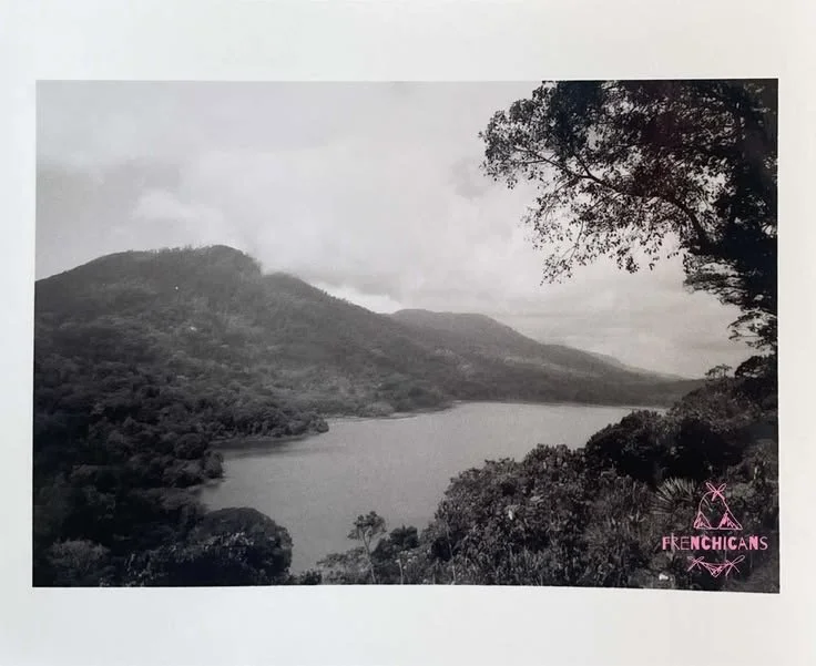 Black and white photo of a lake surrounded by forested hills and mountains, with trees in the foreground and a cloudy sky.