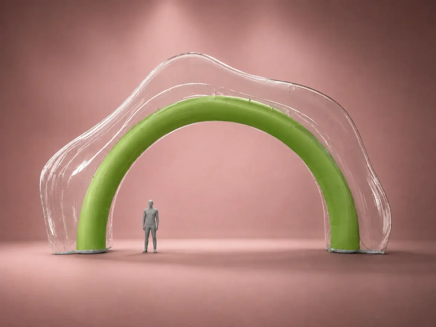 A large-scale custom inflatable archway featuring a solid green inner support tube covered by a clear, organic-shaped transparent membrane, demonstrating bespoke inflatable architectural capabilities for events.