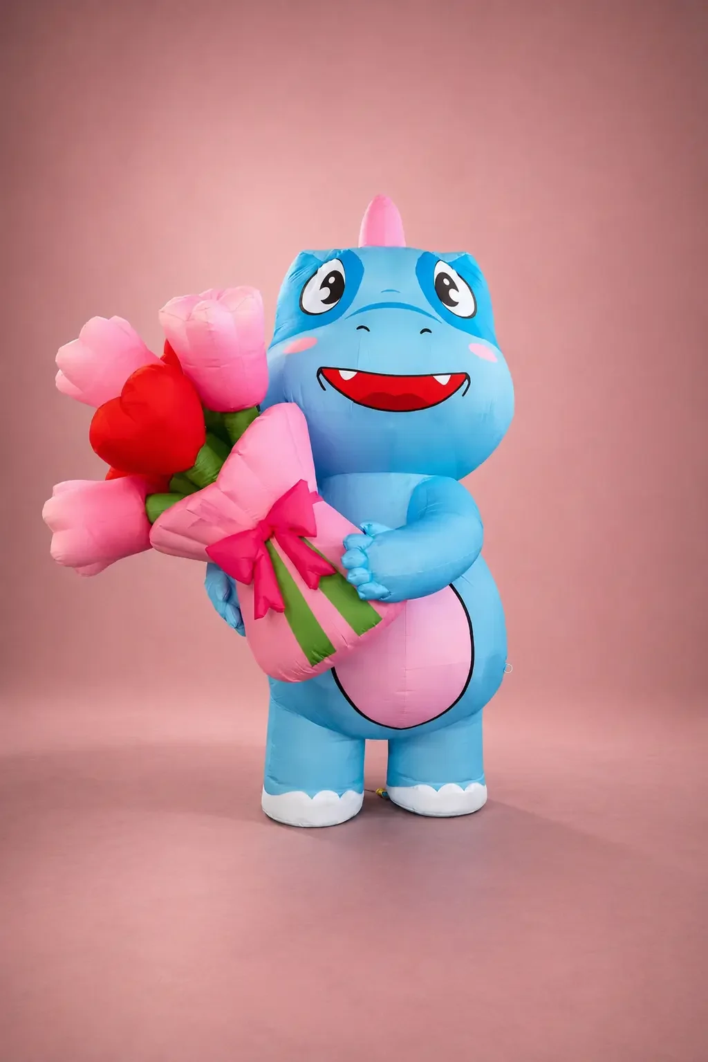 Custom-made inflatable mascot production example: A high-quality blue dinosaur brand character holding a 3D inflatable flower bouquet accessory.