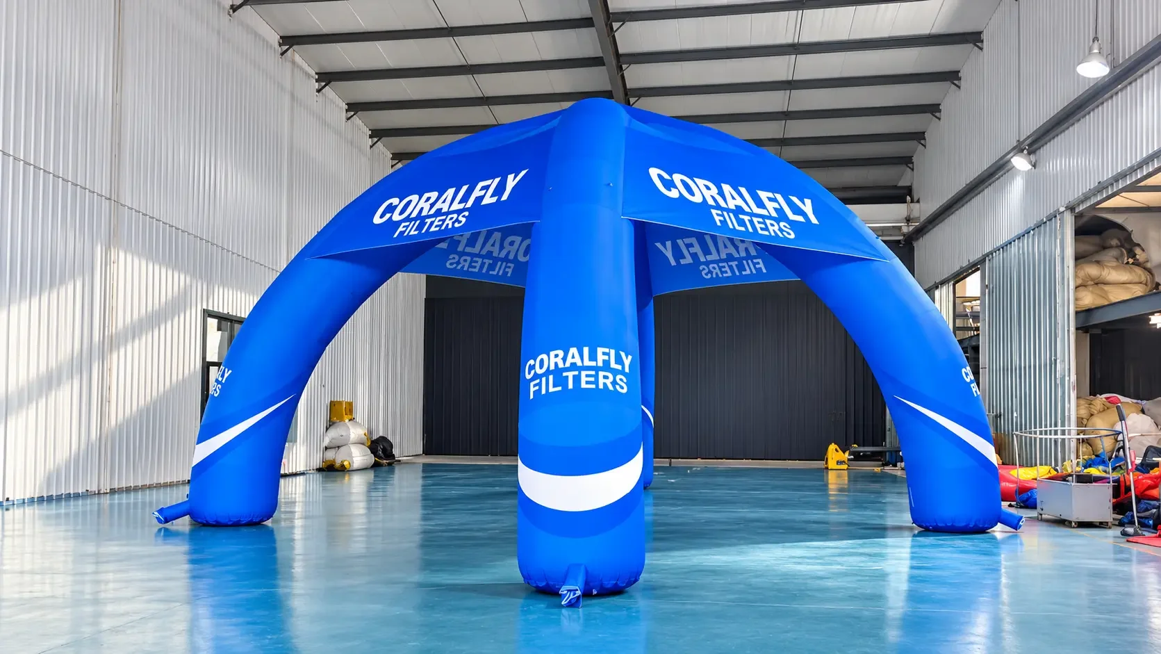 Branded Blue Inflatable Canopy in Warehouse.webp