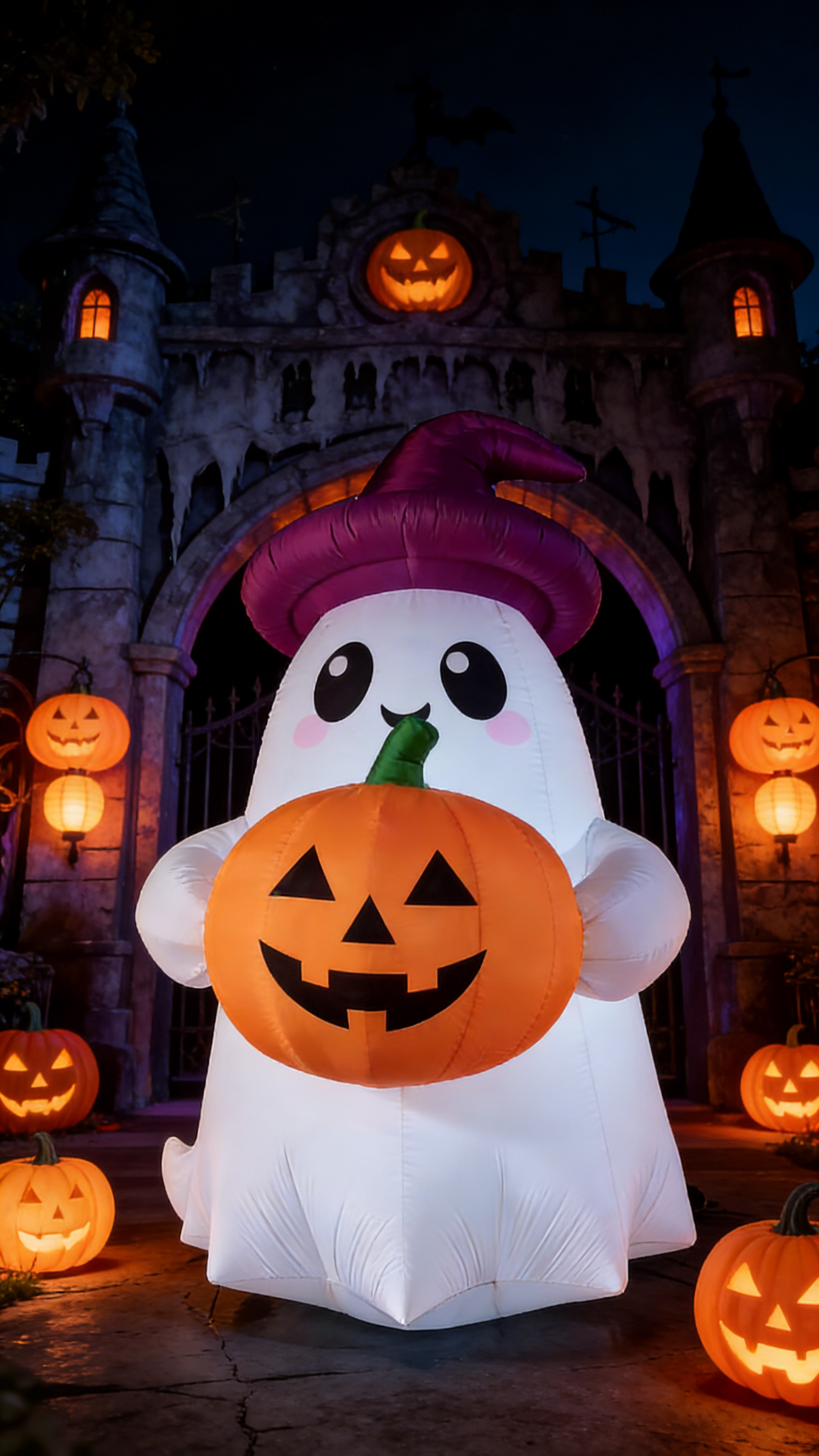 Make Halloween less scary and more fun with this Cute Inflatable Ghost Mascot. Wearing a charming purple witch hat and holding a large jack-o'-lantern, this friendly spirit is perfect for welcoming trick-or-treaters. Its non-threatening design makes 