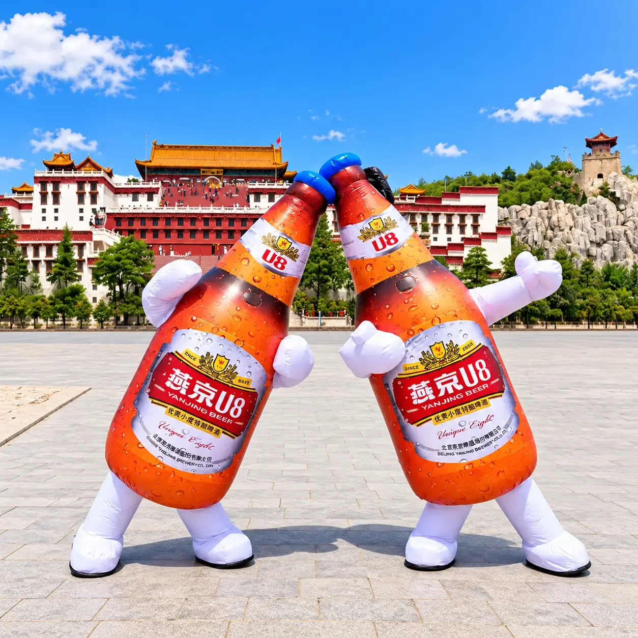 Cheerful Yanjing Beer Mascots at the Palace.webp