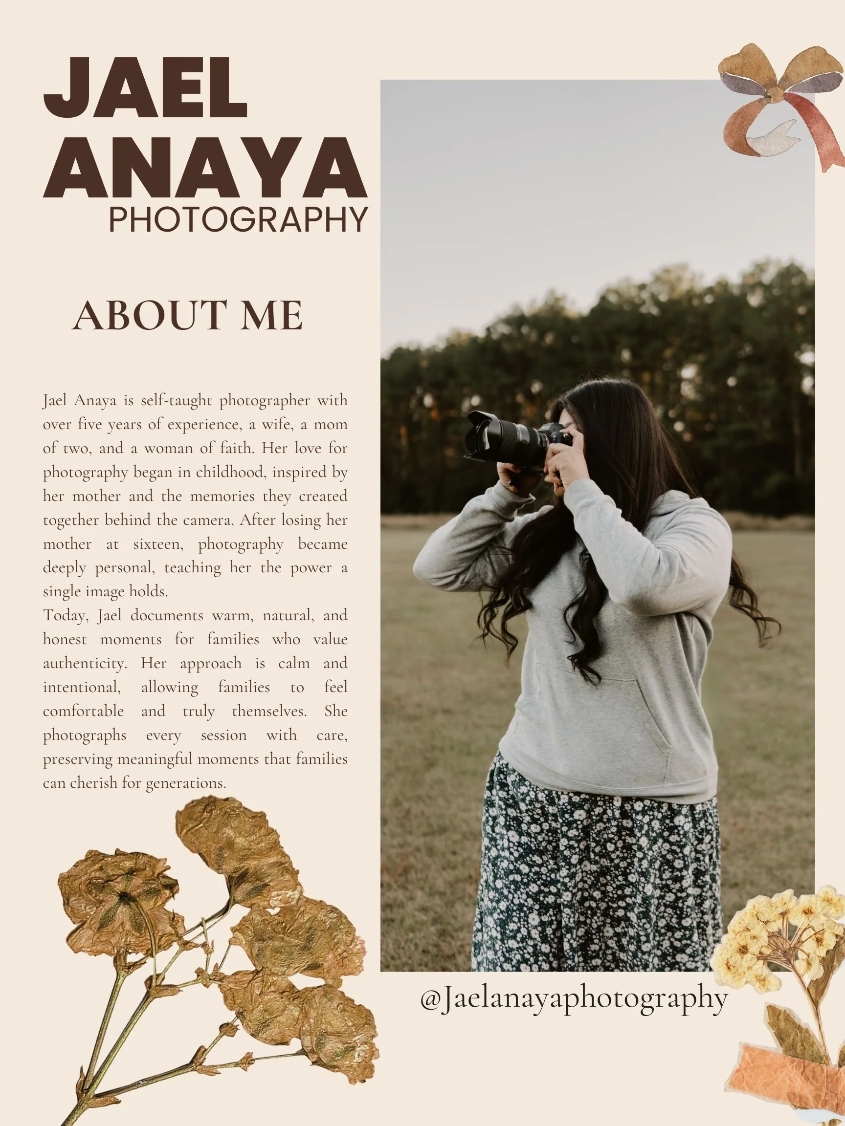 A portrait of a woman with long dark hair, wearing a gray hoodie and patterned pants, holding a camera up to her face outdoors in a field with trees in the background. The image features a beige background with botanical illustrations and text about Jael Anaya, a photographer.