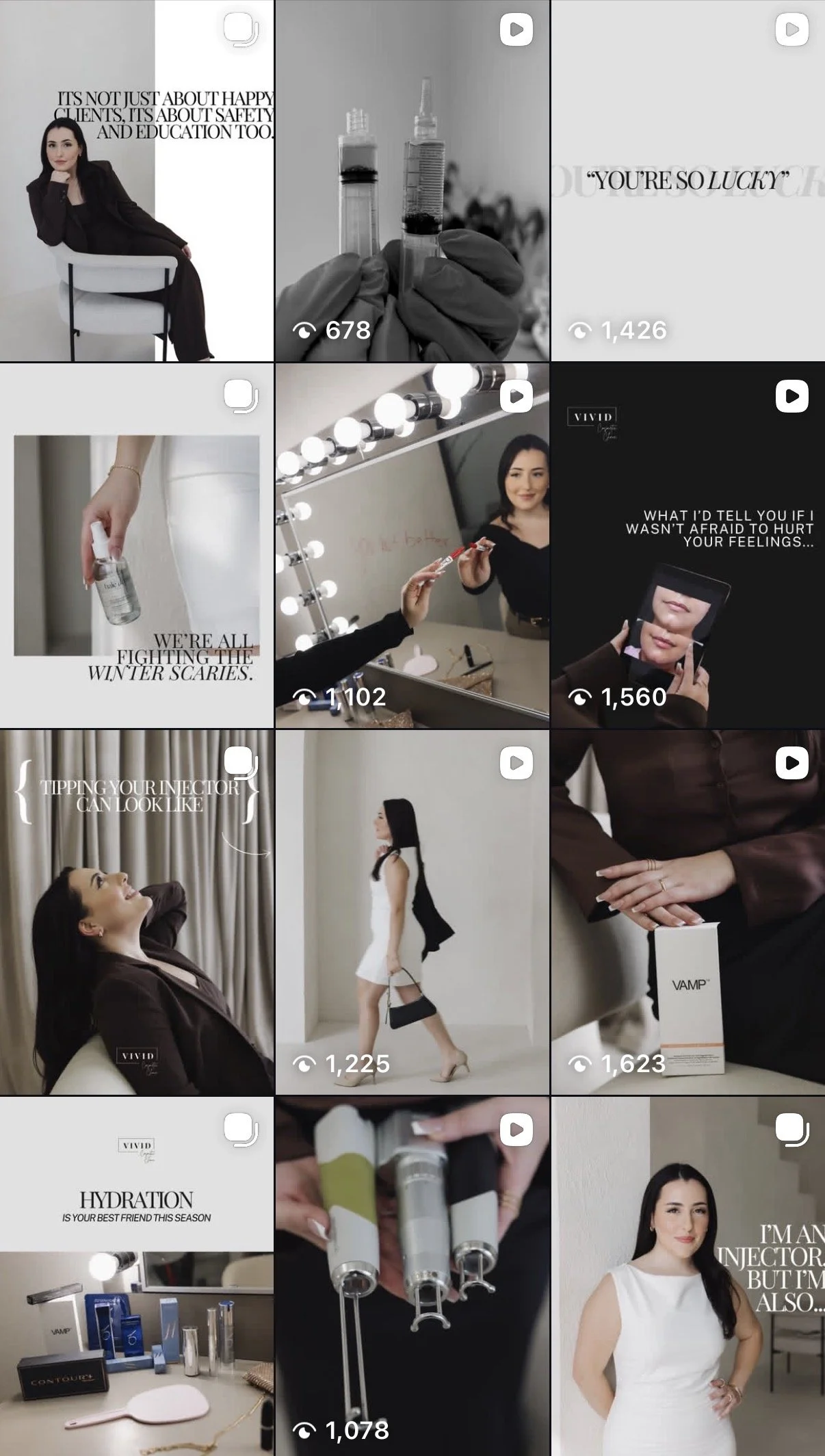 A collage of videos promoting beauty, skincare, and cosmetic treatments featuring women, beauty products, medical syringes, and motivational quotes.