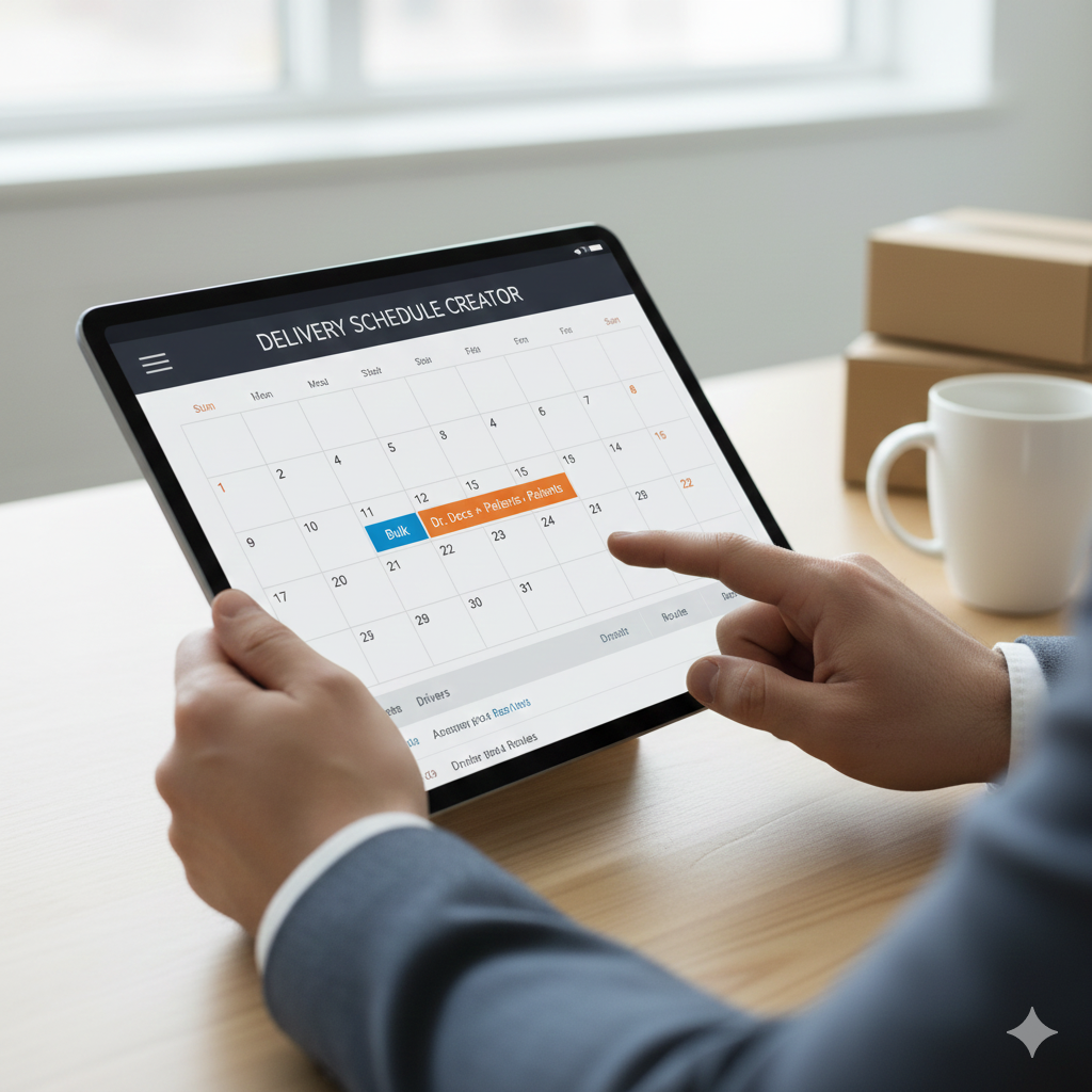 Person using a tablet to view a delivery schedule calendar on a light wooden desk with a white coffee mug and brown boxes nearby.