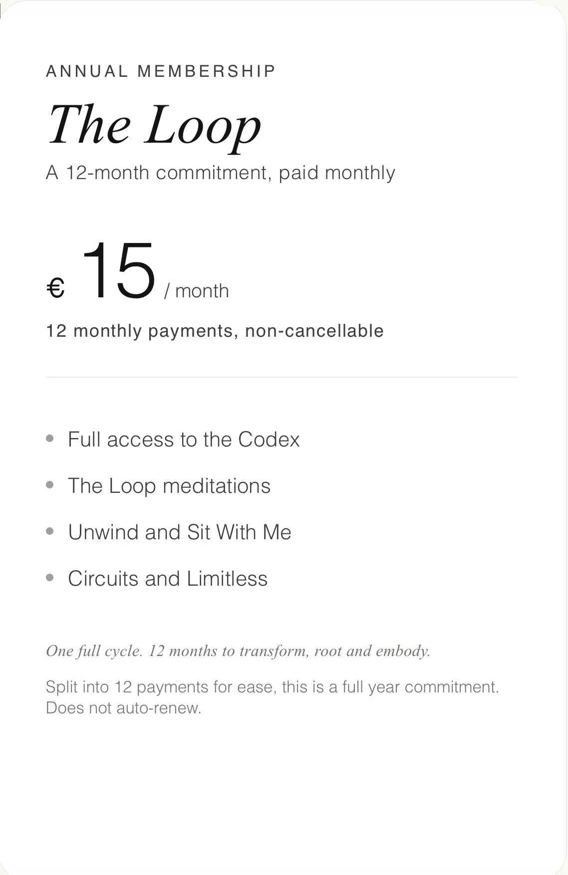 Annual membership flyer for The Loop, offering a 12-month commitment at 15 euros per month, including access to content and meditations.