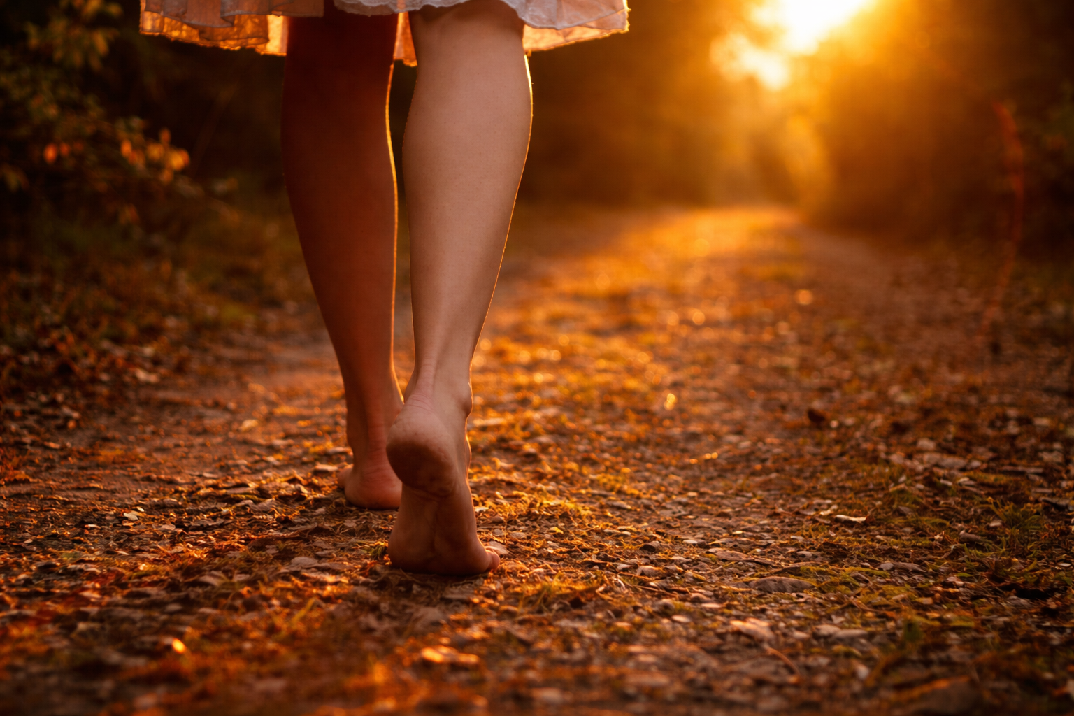 Close-up of two women walking barefoot on a dirt path covered with fallen autumn leaves, with warm sunset light in the background.