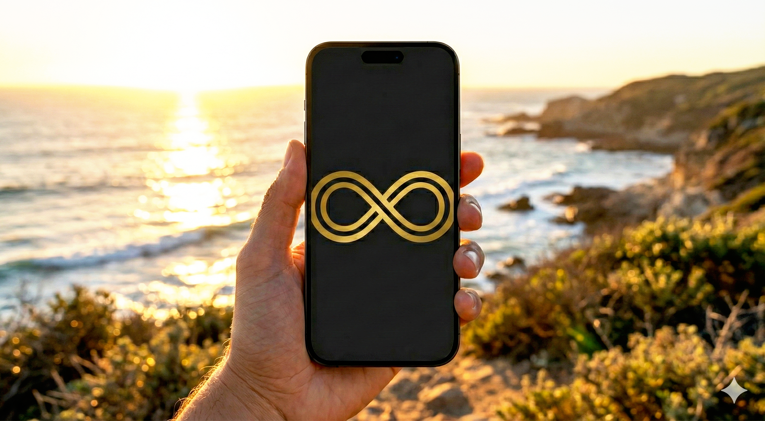 Person holding a smartphone with an infinity symbol on the screen, near a beach at sunset.