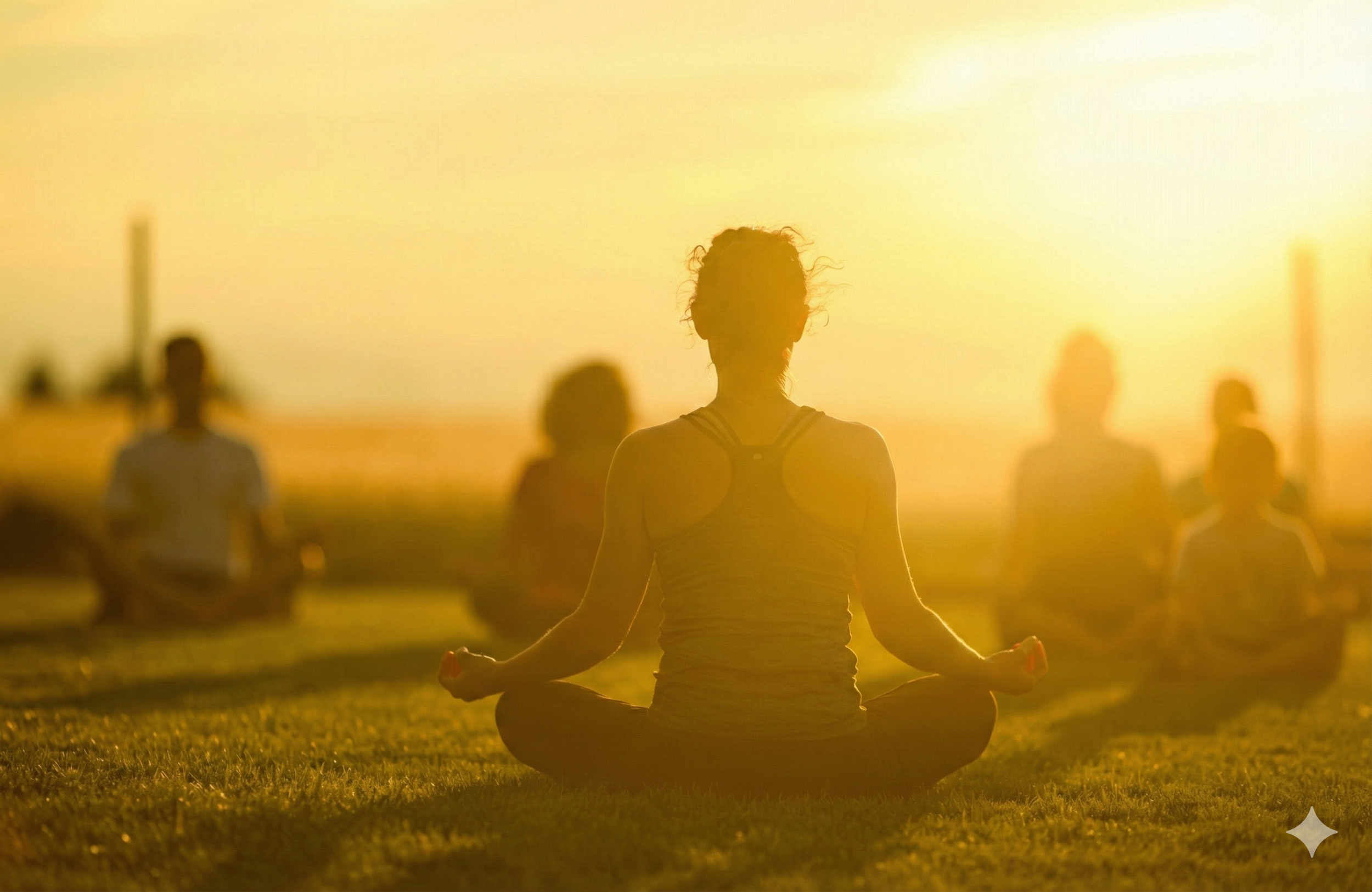A woman practicing yoga outdoors during sunset with other people in the background.
