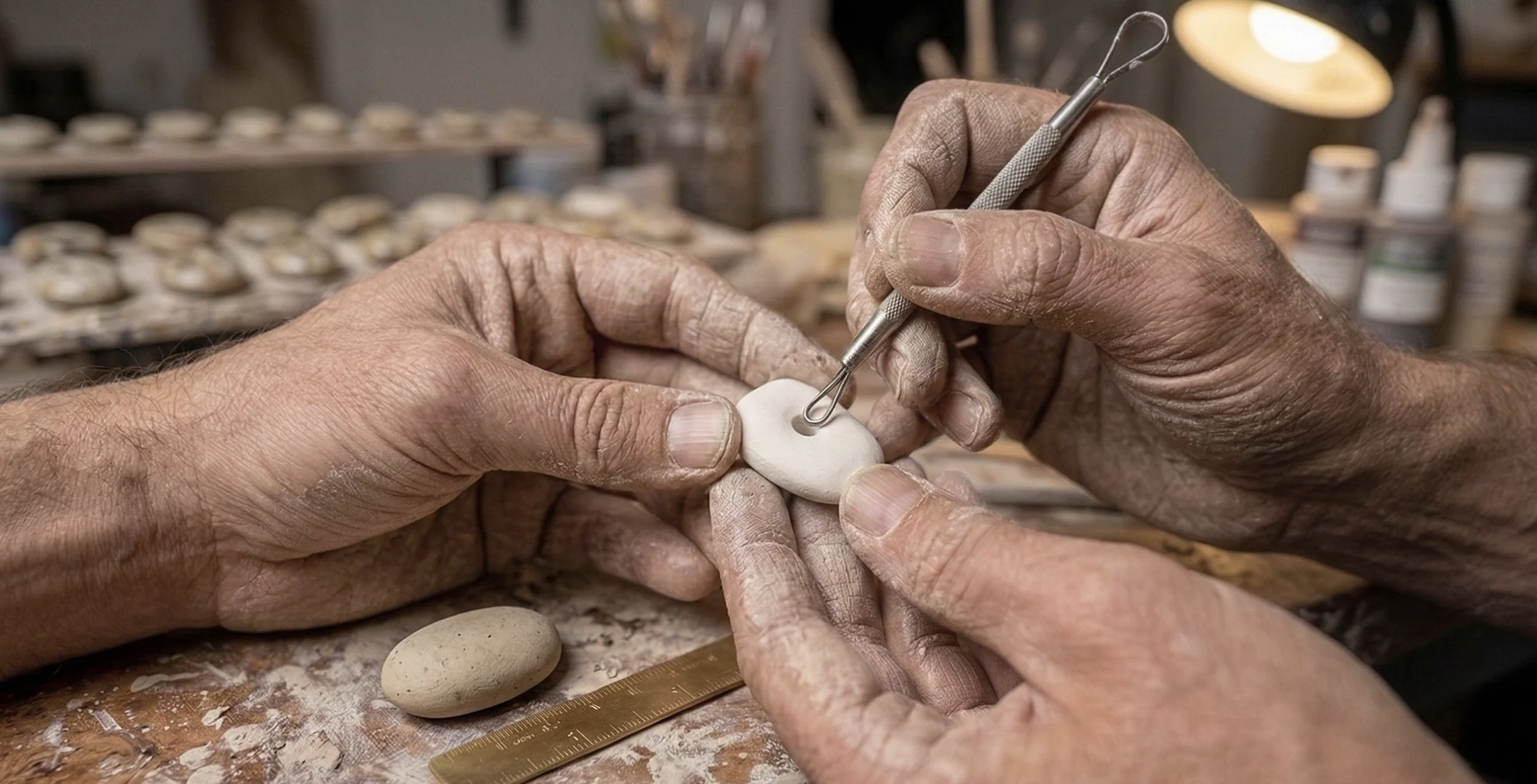 A person working on a ceramic art project, using specialized tools to shape a white clay piece. The workspace includes various pottery supplies and finished pieces in the background.