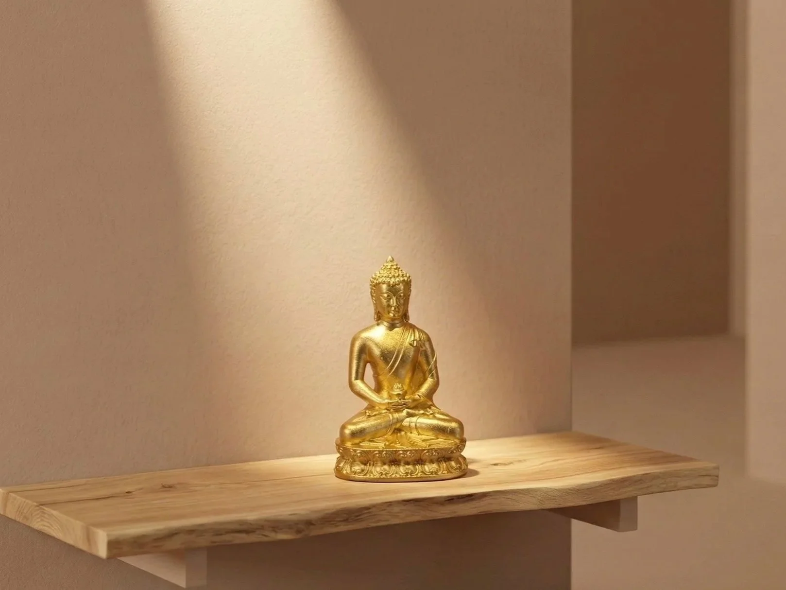 Small golden Buddha statue sitting on a wooden shelf. The buddha is a  symbol of enlightenment, of liberation from the earthly realm. Most do not talk about it, but the Buddha is also embody masculine energy .