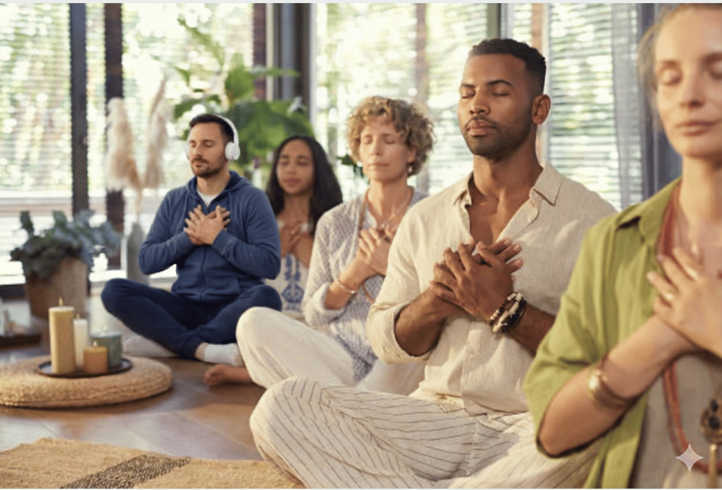 Group of individuals practicing meditation and mindfulness in a serene indoor space, sitting cross-legged with hands over their hearts, eyes closed.