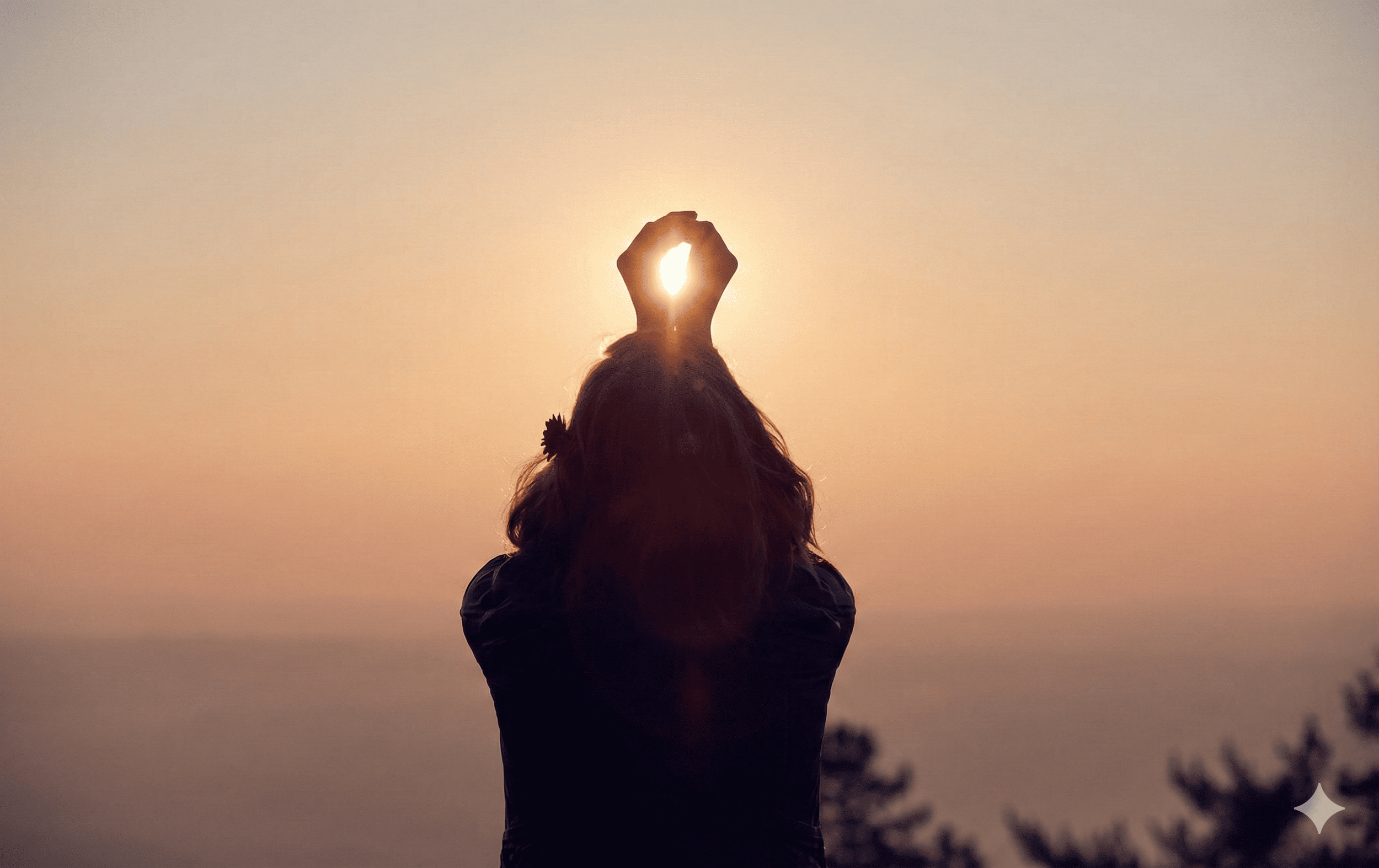 Person with long hair holding hand above head to frame the sun at sunset, with a silhouette of trees in the background. Connecting with Earth and the Sun energy
