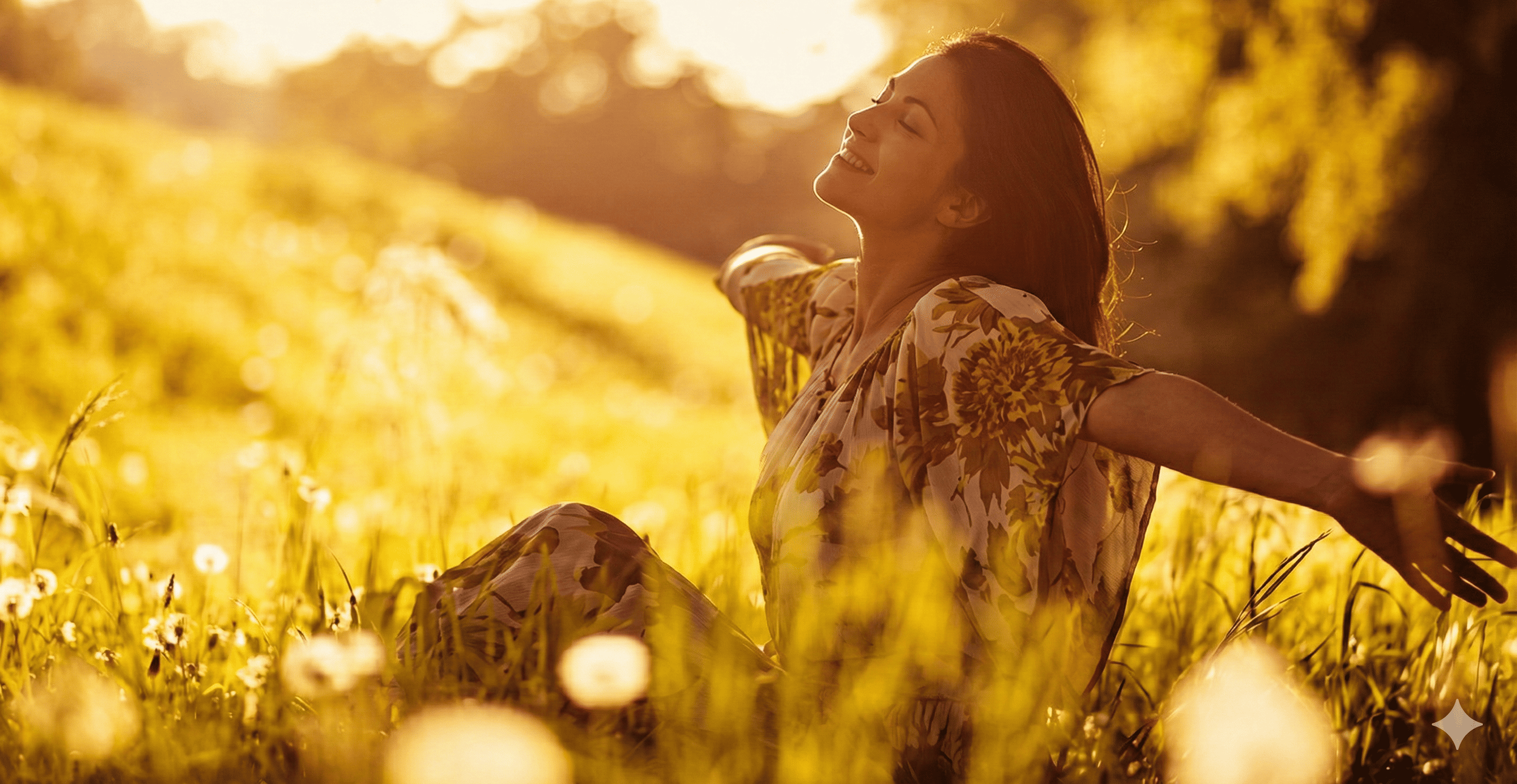 A woman sitting in a field of flowers with her arms outstretched and smiling in the sunlight.