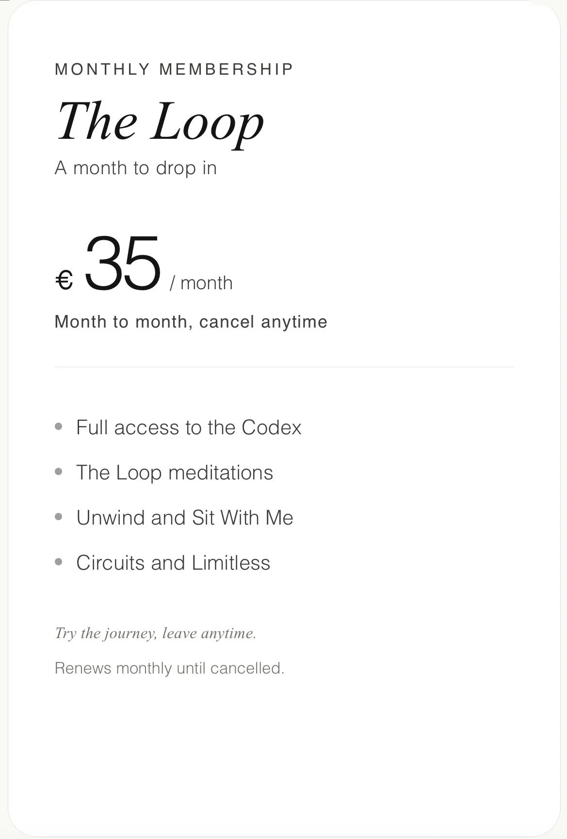 Monthly membership sign-up for The Loop, priced at €35/month, including access to meditation content and unlimited cancellations.