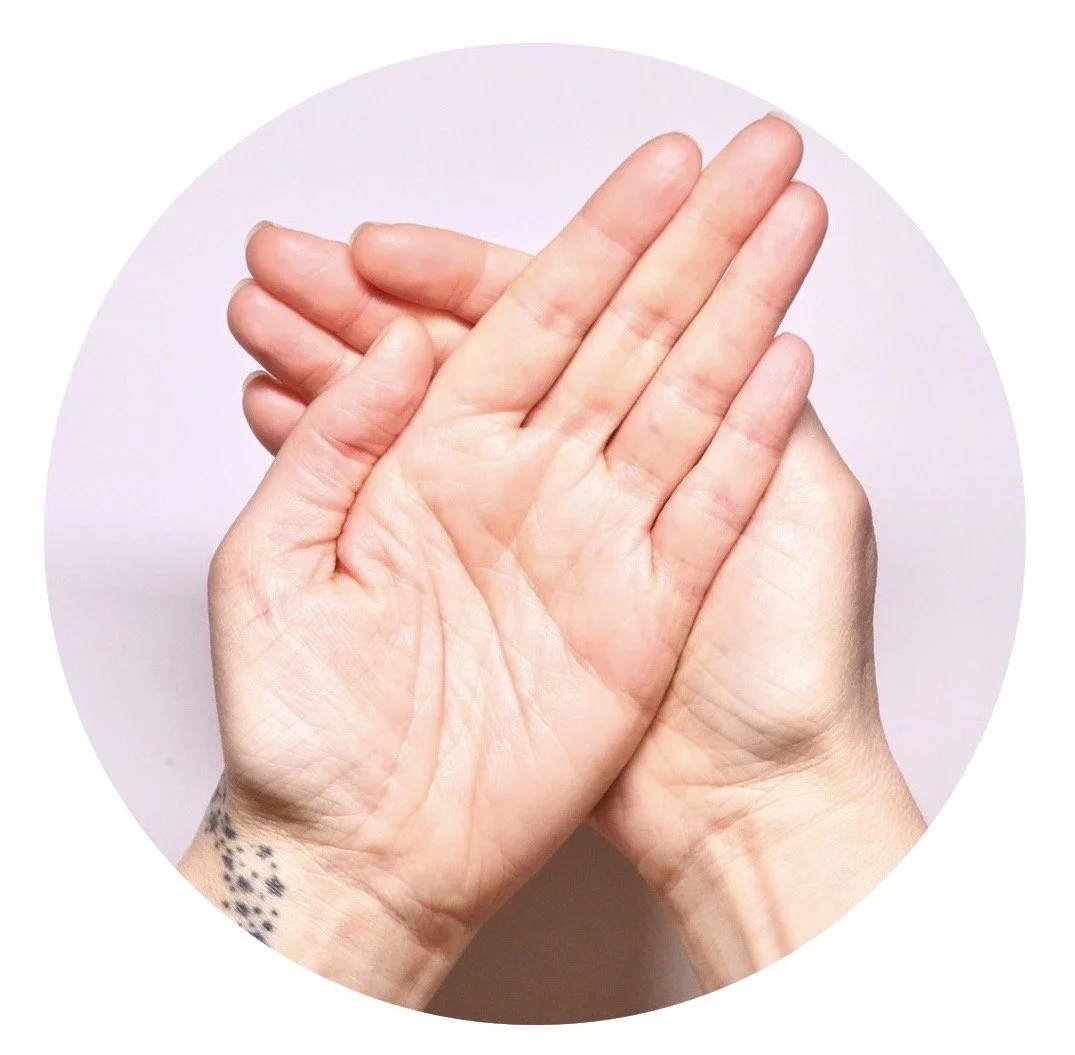 Hands on heart mudra. Bothe hands, one on top of the other, pressed together against a white background.