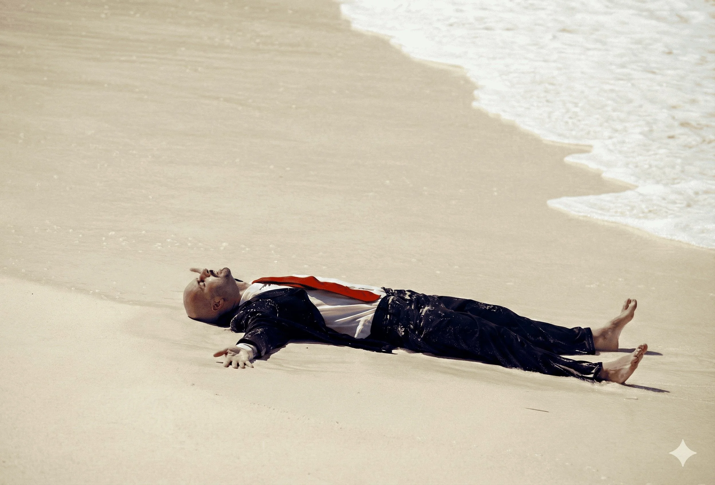 A man lying on a sandy beach near the water, dressed in a suit with a red tie, appearing to be unconscious or resting.