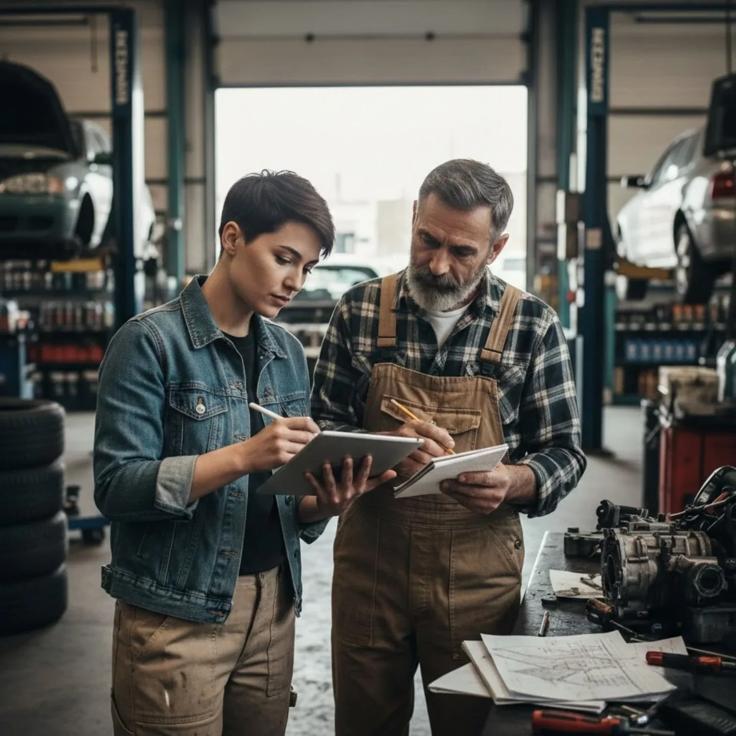 A young woman and an older man in an auto repair shop, examining papers and possibly an engine part on a workbench.
