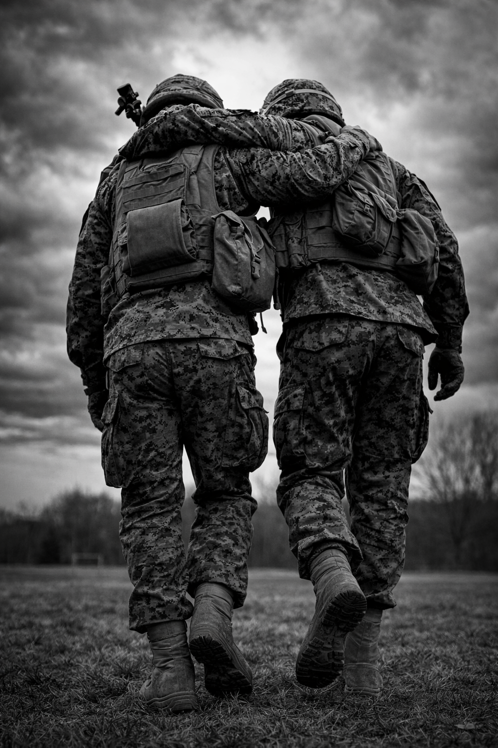 Two soldiers in camouflage uniforms walking arm in arm on a grassy field, with a cloudy sky overhead.