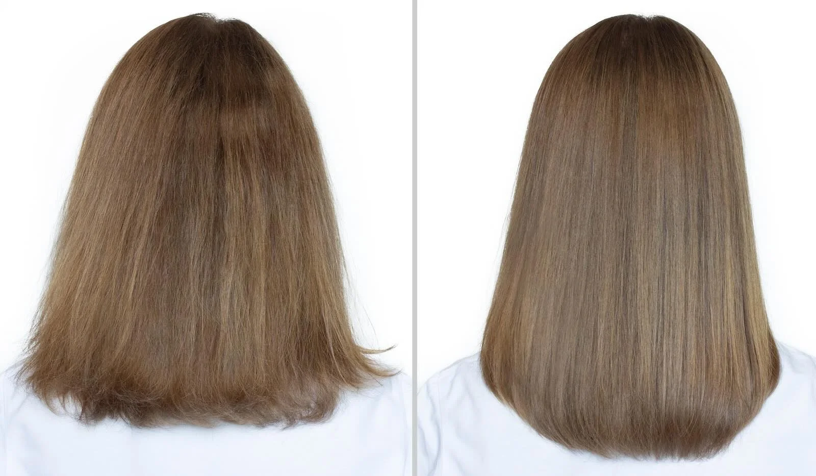 Shoulder-length brunette seen from behind before and after keratin, dry and frizzed on the left, smooth and glossy with a clean blunt edge on the right