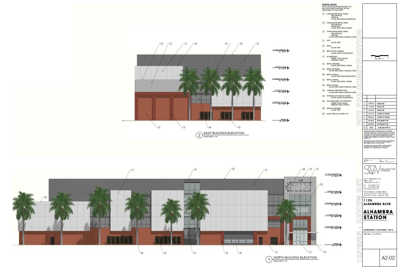 Architectural elevation drawings of Alhambra Station showing east and north building views. The drawings include details of building materials, heights, and landscaping with palm trees.