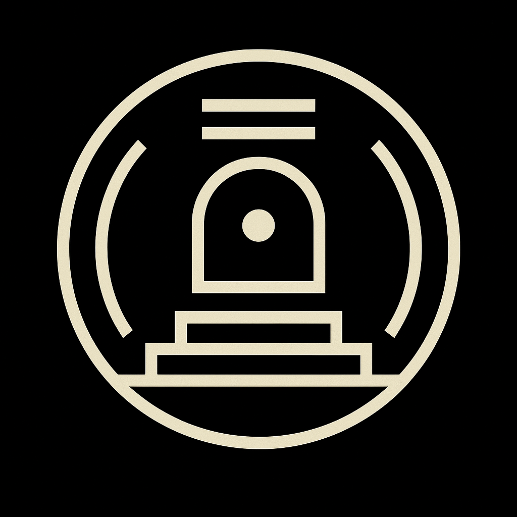 Icon of a train station or subway entrance with steps leading up to a doorway, within a circle.