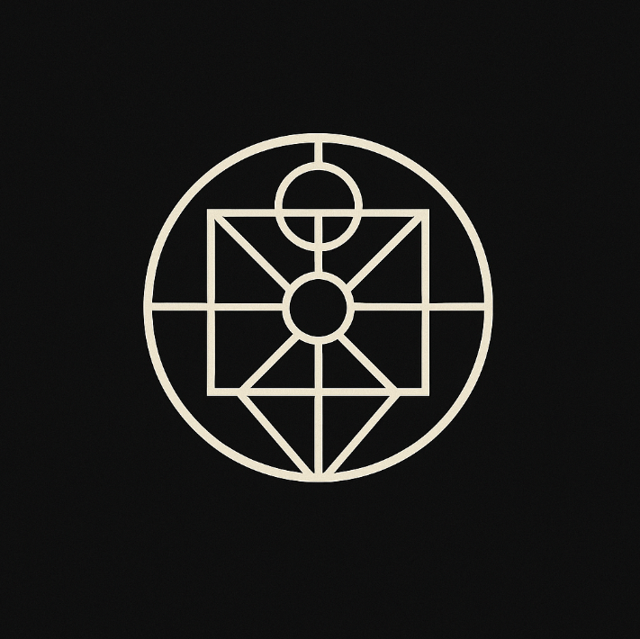 A minimalist geometric design in white on a black background, consisting of interconnected circles, squares, and lines forming a symmetrical pattern.