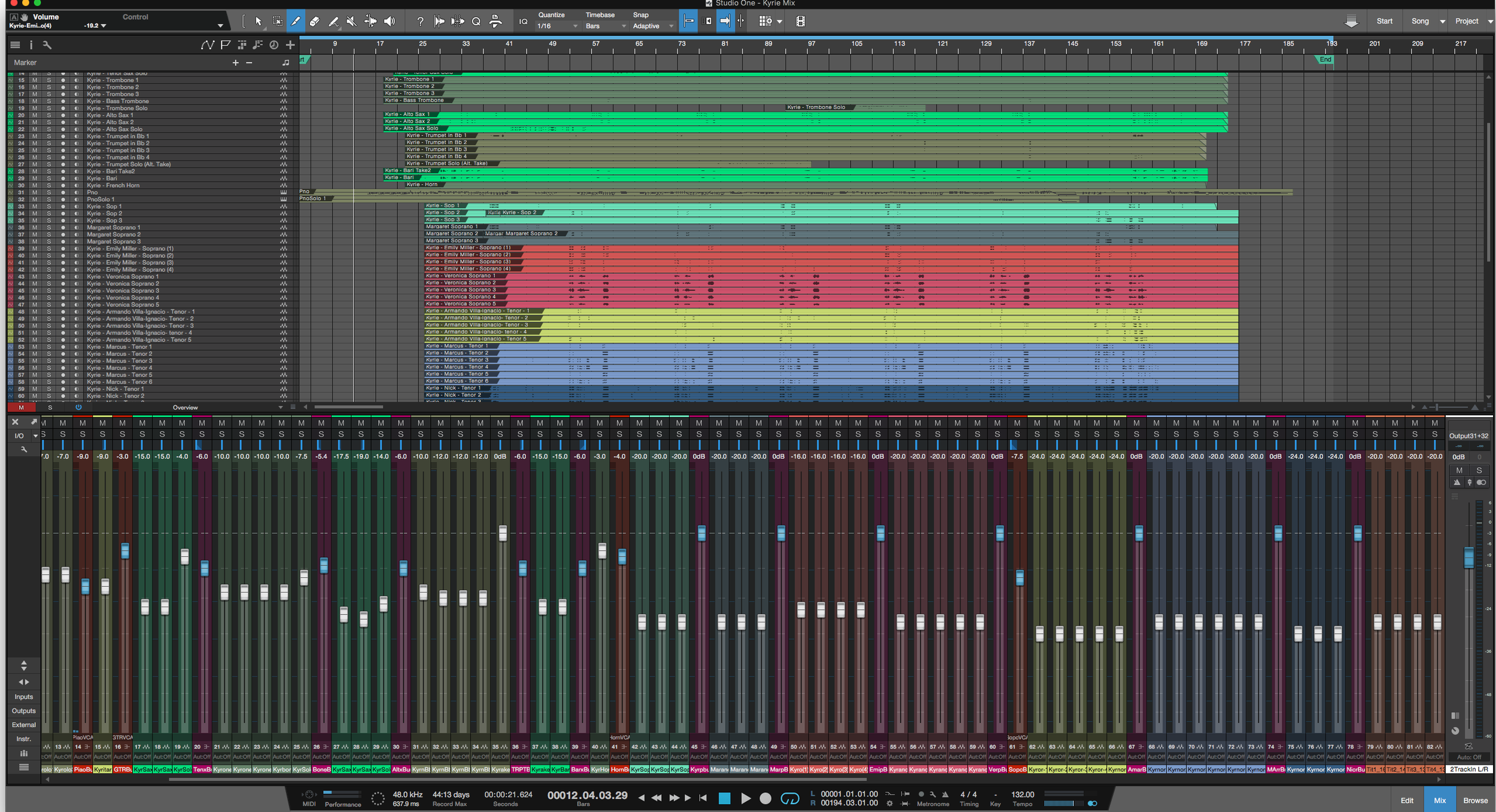 Screenshot of digital audio workstation software displaying a music project with multiple tracks, color-coded regions, volume levels, and mixing controls.