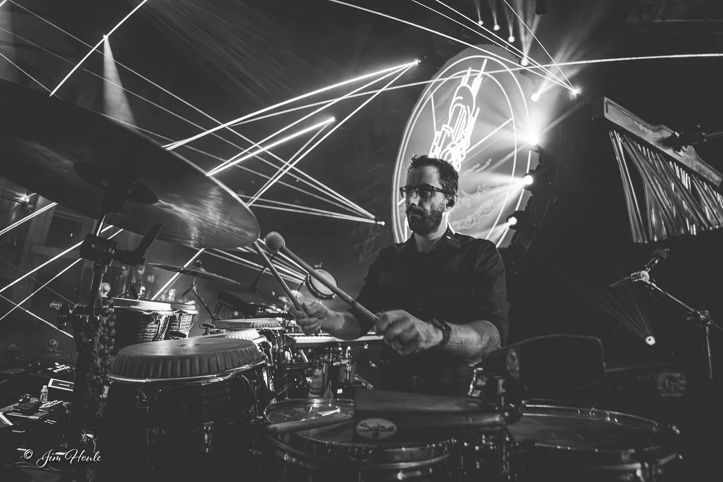 Another cool shot from @this_is_yimmy / @solproductionsllc looking into my percussion rig. I love black and white photos so much!