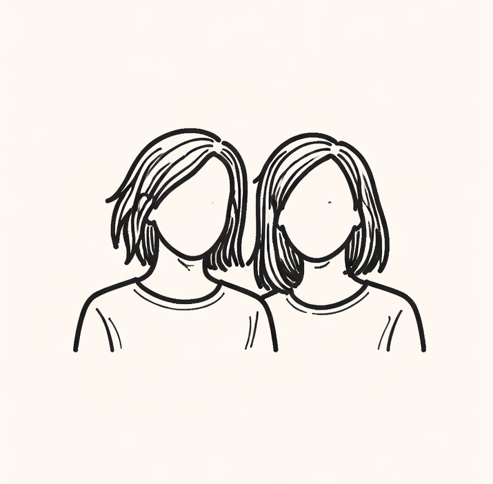 Line drawing of two women with medium-length hair, wearing casual shirts, standing close together.