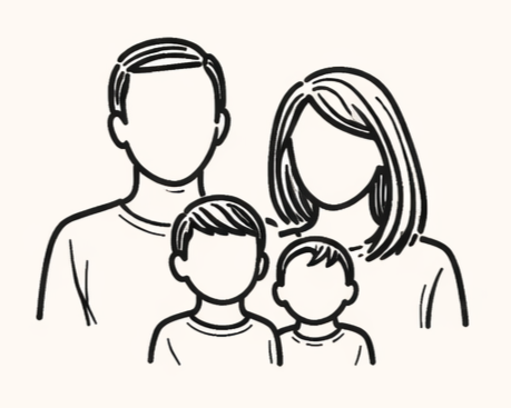 Line drawing of a family of four, including a father, mother, and two children, with blank faces.
