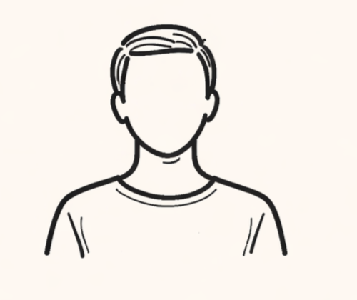 Line drawing of a person with short hair wearing a t-shirt.