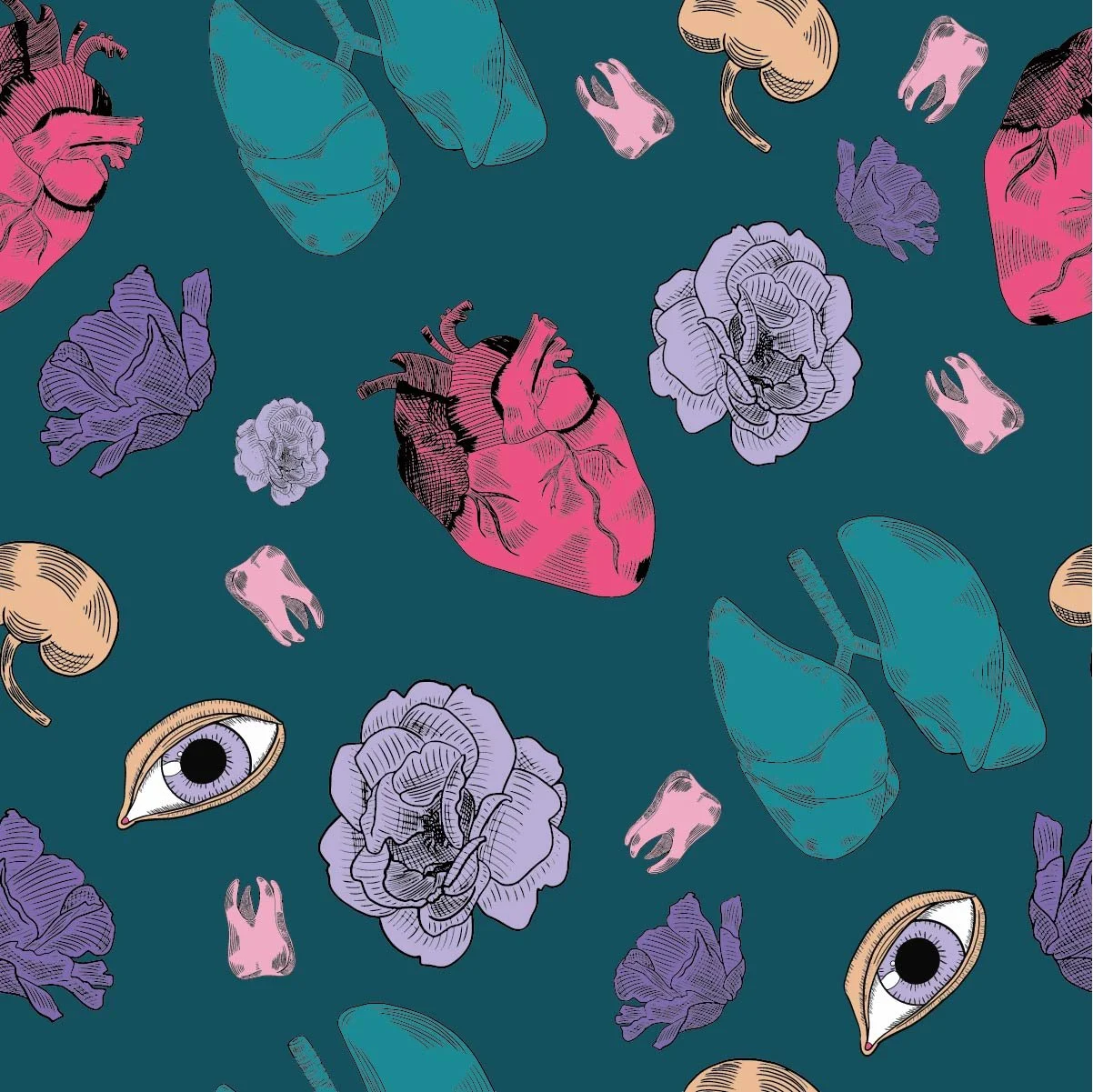 A digital illustration featuring a pattern of realistic human hearts, flowers, eyes, and various abstract shapes in pastel and muted colors on a dark background.