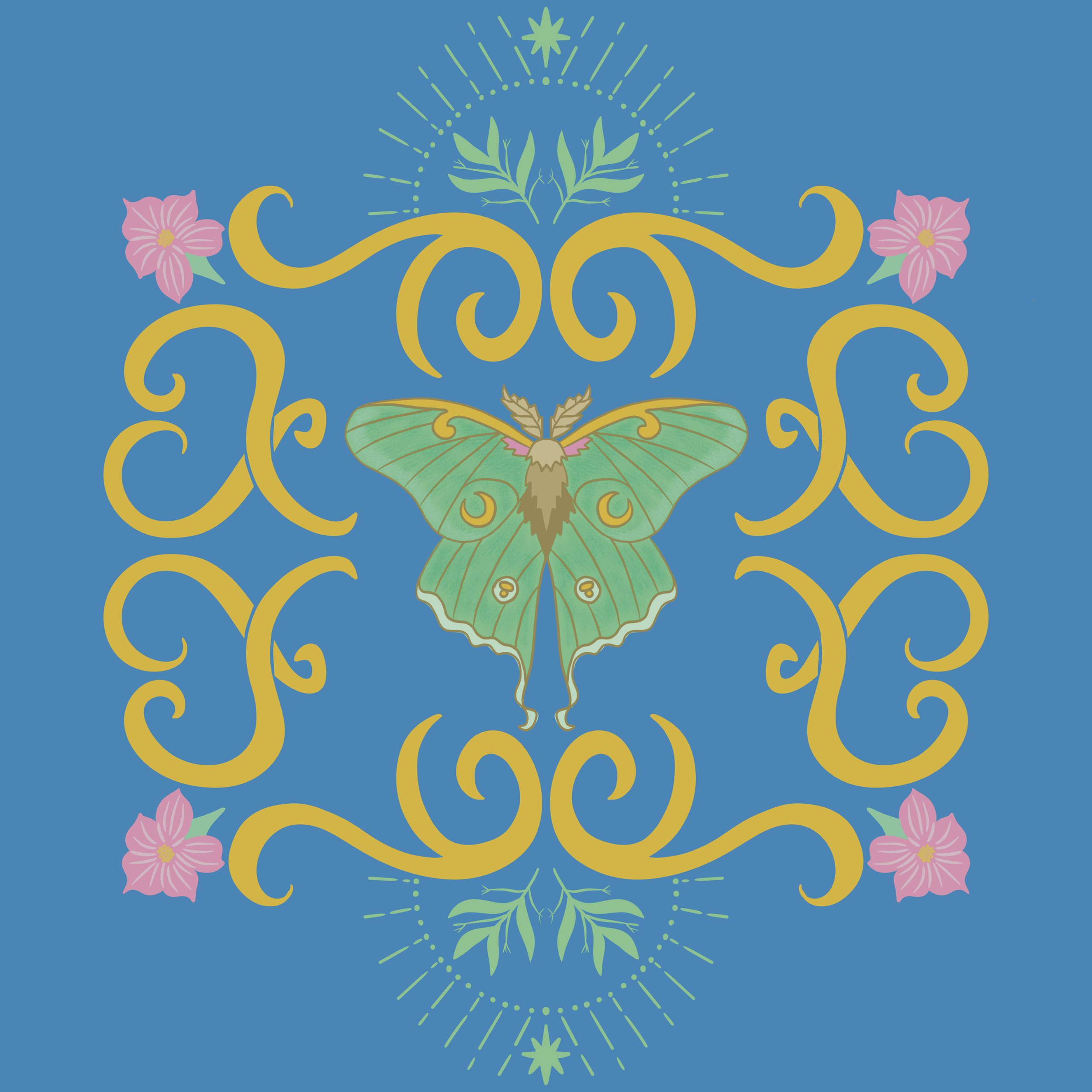 A decorative design featuring a large green butterfly at the center, surrounded by ornate yellow swirls, pink flowers, and green leafy accents on a blue background.