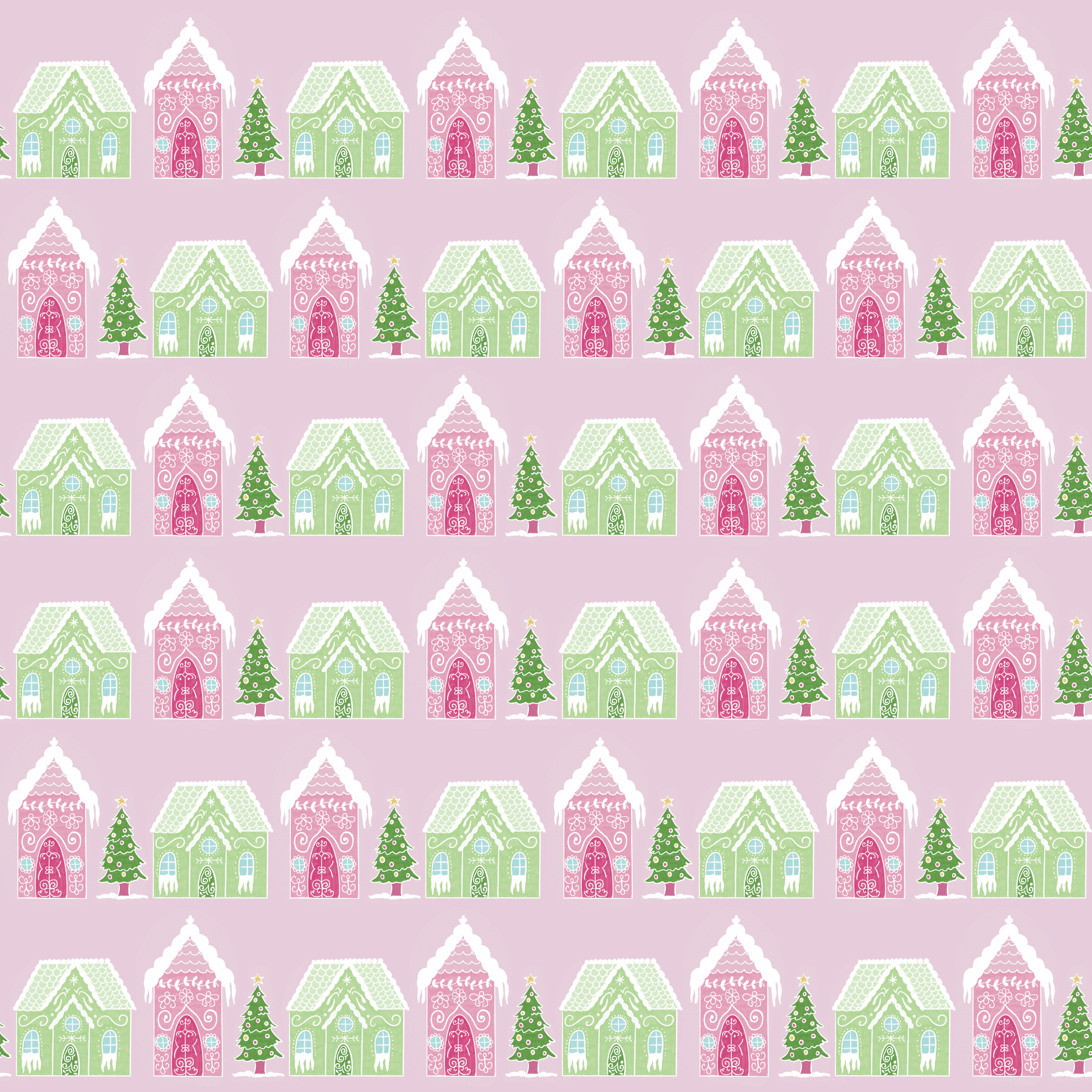 Repeating pattern of pink and green gingerbread houses and Christmas trees on a light pink background.