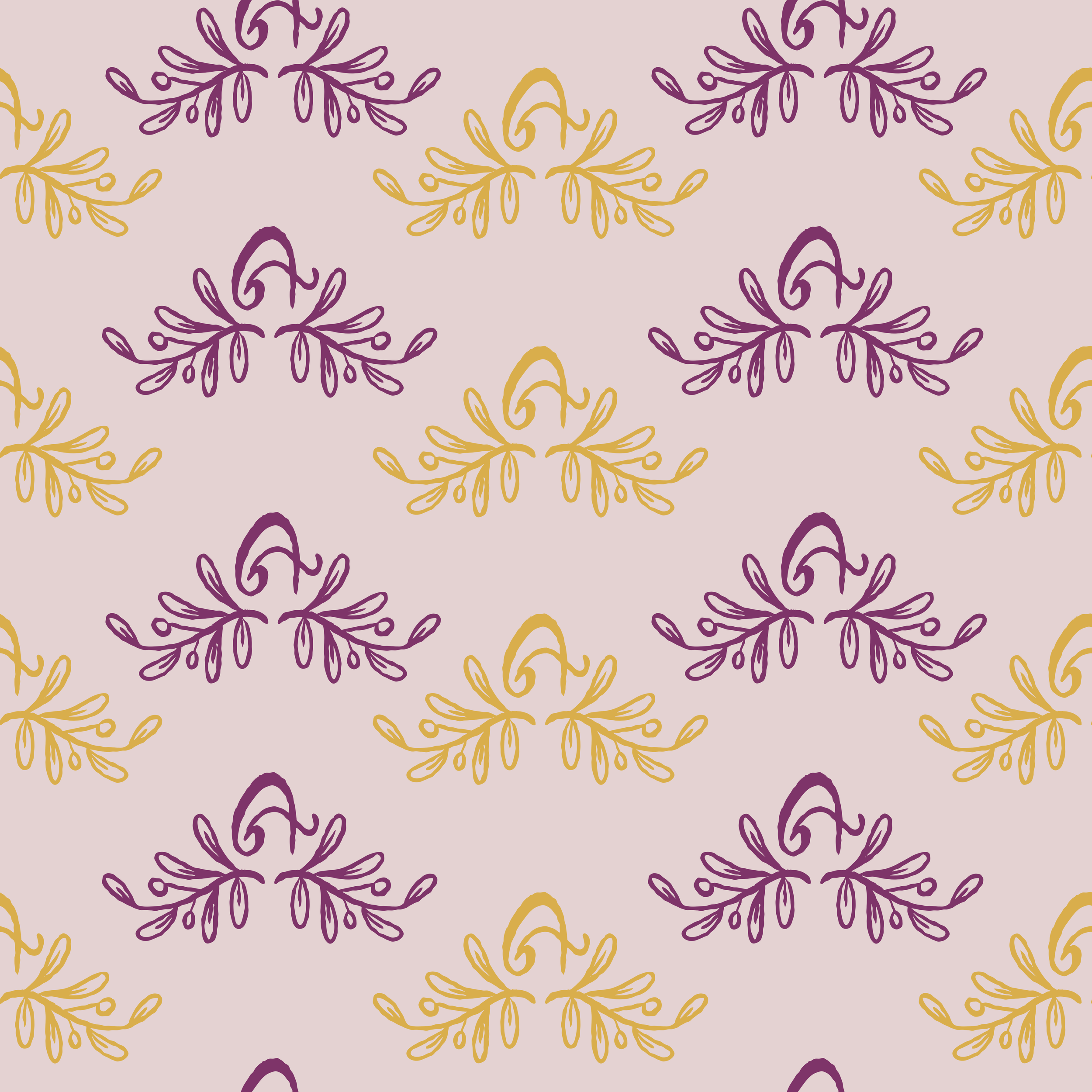 A seamless pattern of purple and yellow floral motifs on a light pink background.