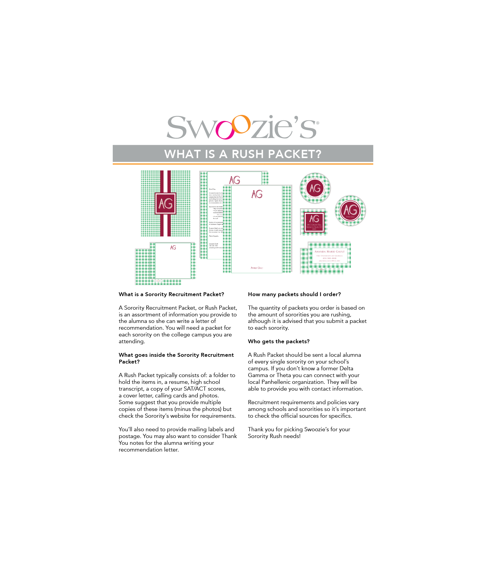 Informational flyer about sorority rush packets, showing sample packets, labels, and instructions for recruitment process.