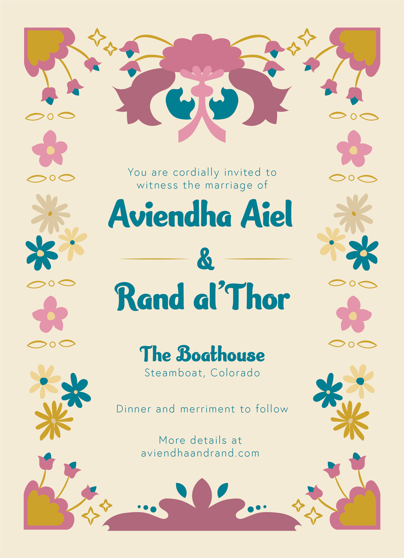 Invitation to a wedding of Avienda Aiel & Randa al Thor at The Boathouse in Steamboat, Colorado, with a floral and decorative border design.