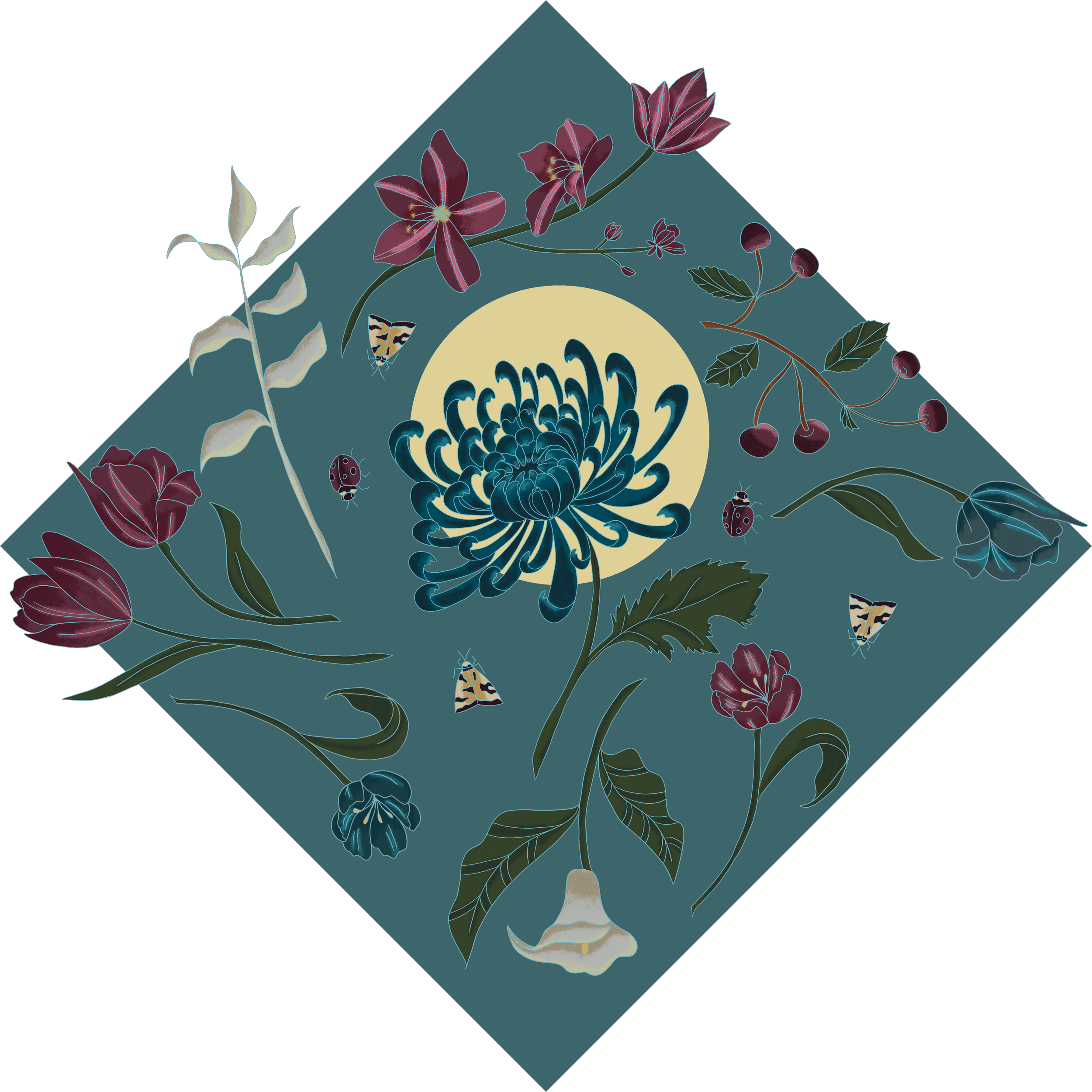 Decorative illustration featuring flowers, leaves, butterflies, and ladybugs around a large chrysanthemum flower in front of a moon, on a square background with a teal and black color scheme.