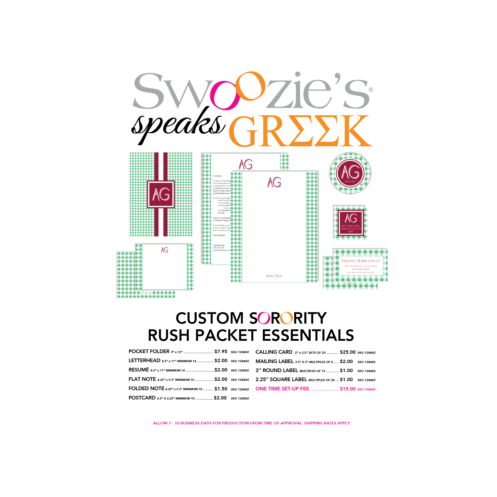 A collection of branding and packaging materials including letterhead, resume, notepad, business card, mailing labels, and labels, all with a green and white checkered pattern and an 'AG' logo, along with promotional text for custom sorority rush pac