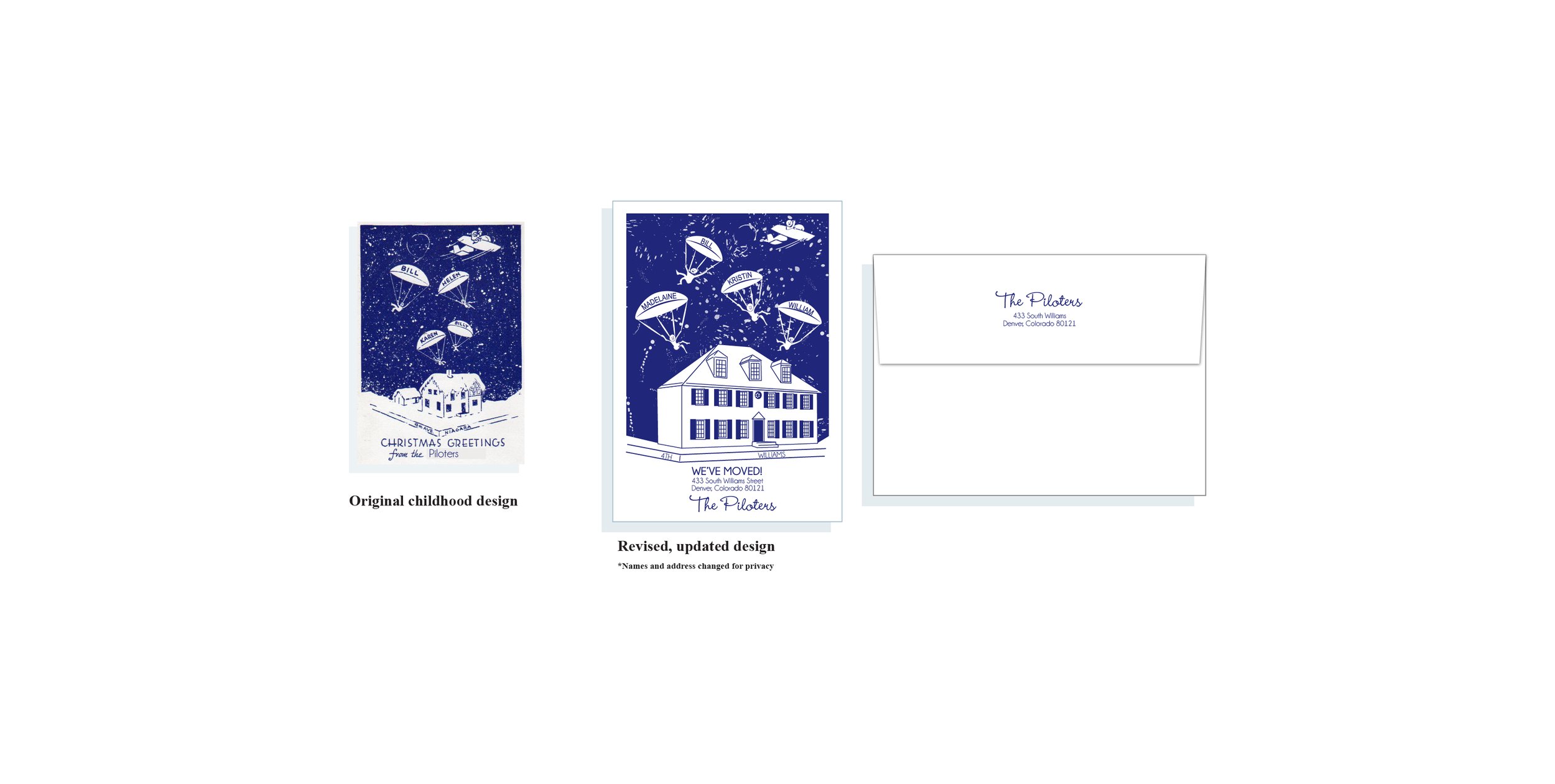 Comparison of childhood and revised Christmas greeting card designs with house and parachutes, and an envelope with address on the flap.