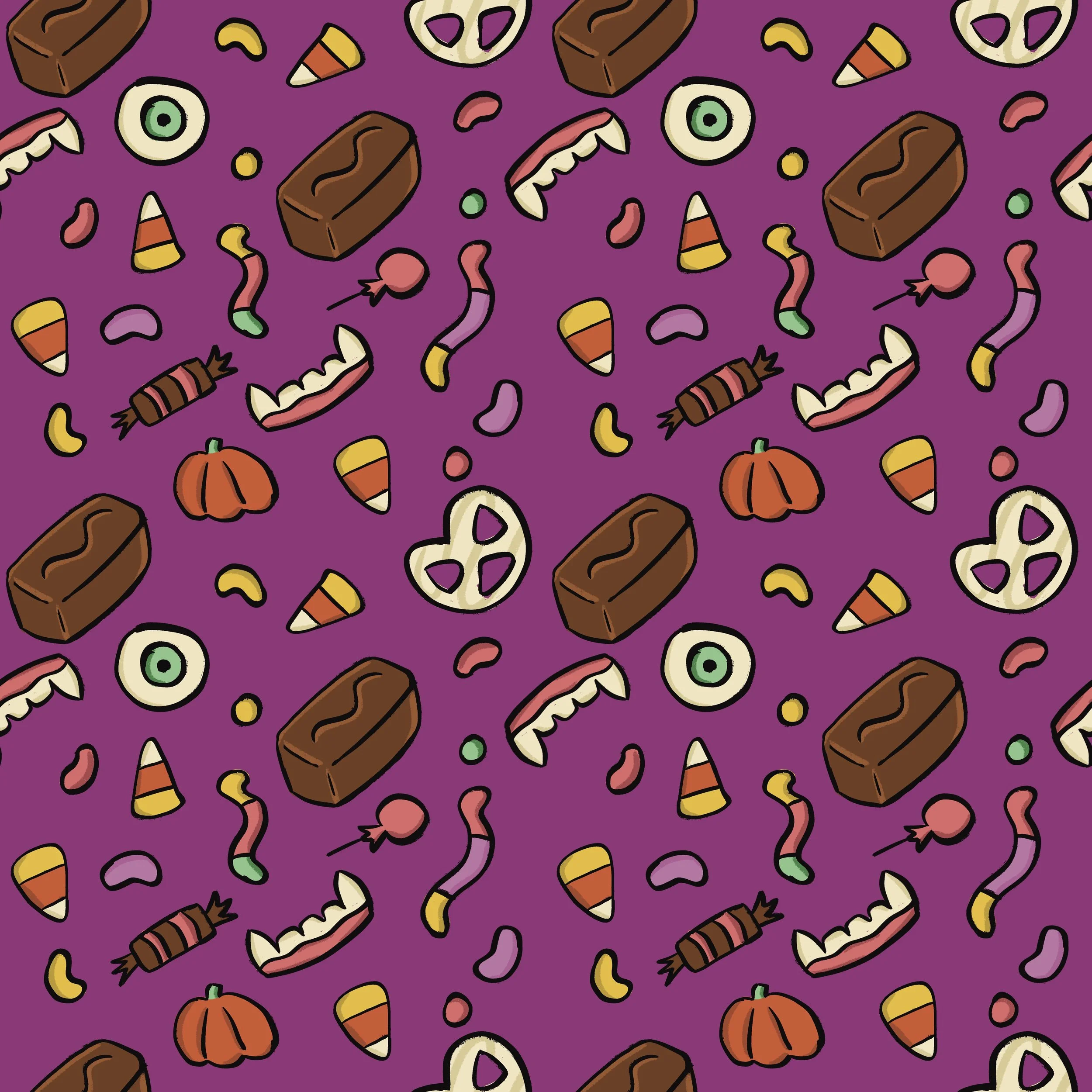 Colorful Halloween-themed pattern with candy corn, chocolate bars, mini pumpkins, Pretzels, wrapped candies, and assorted candies on a purple background.