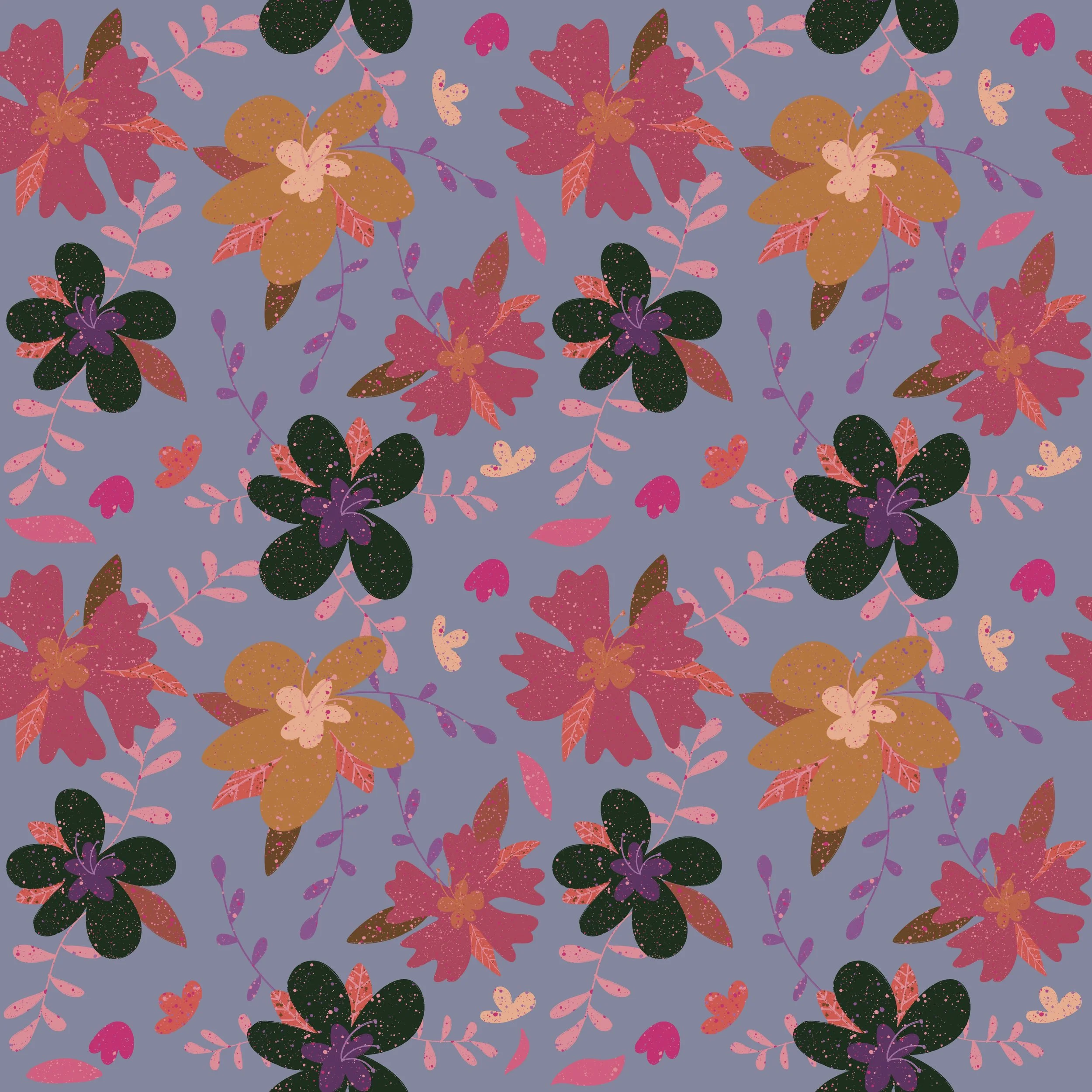 A seamless floral pattern with large black, orange, and pink flowers, small pink and orange hearts, and pink leaves on a purple background.