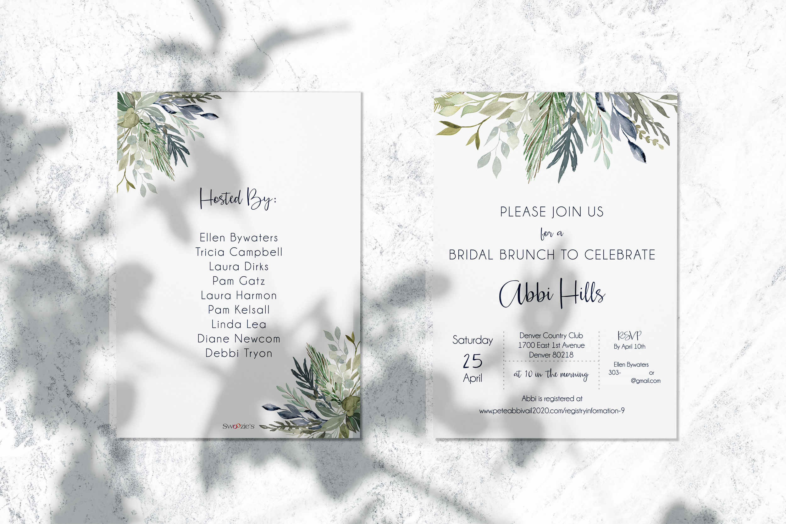 Wedding invitation card with green floral borders, details for bridal brunch hosted by Abby Hills, including date, time, venue, and RSVP information, set on a textured white background with shadows of leaves.