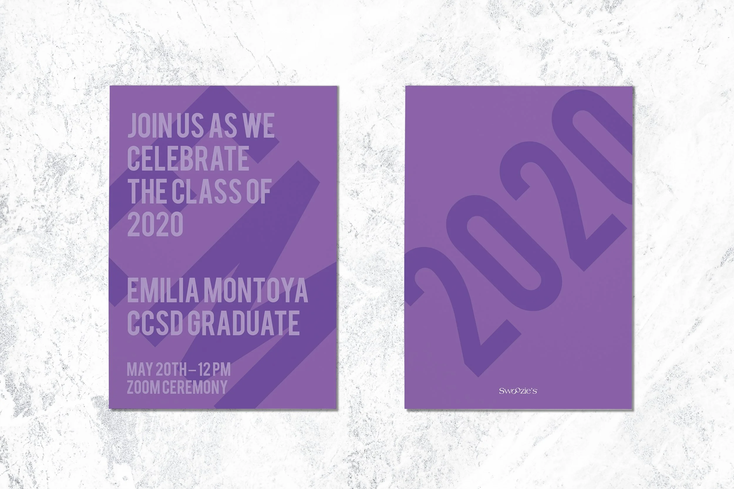 Purple graduation announcement card for Emilia Montoya, class of 2020, with details for a Zoom ceremony on May 20th at 12 PM, from Swoozie's.